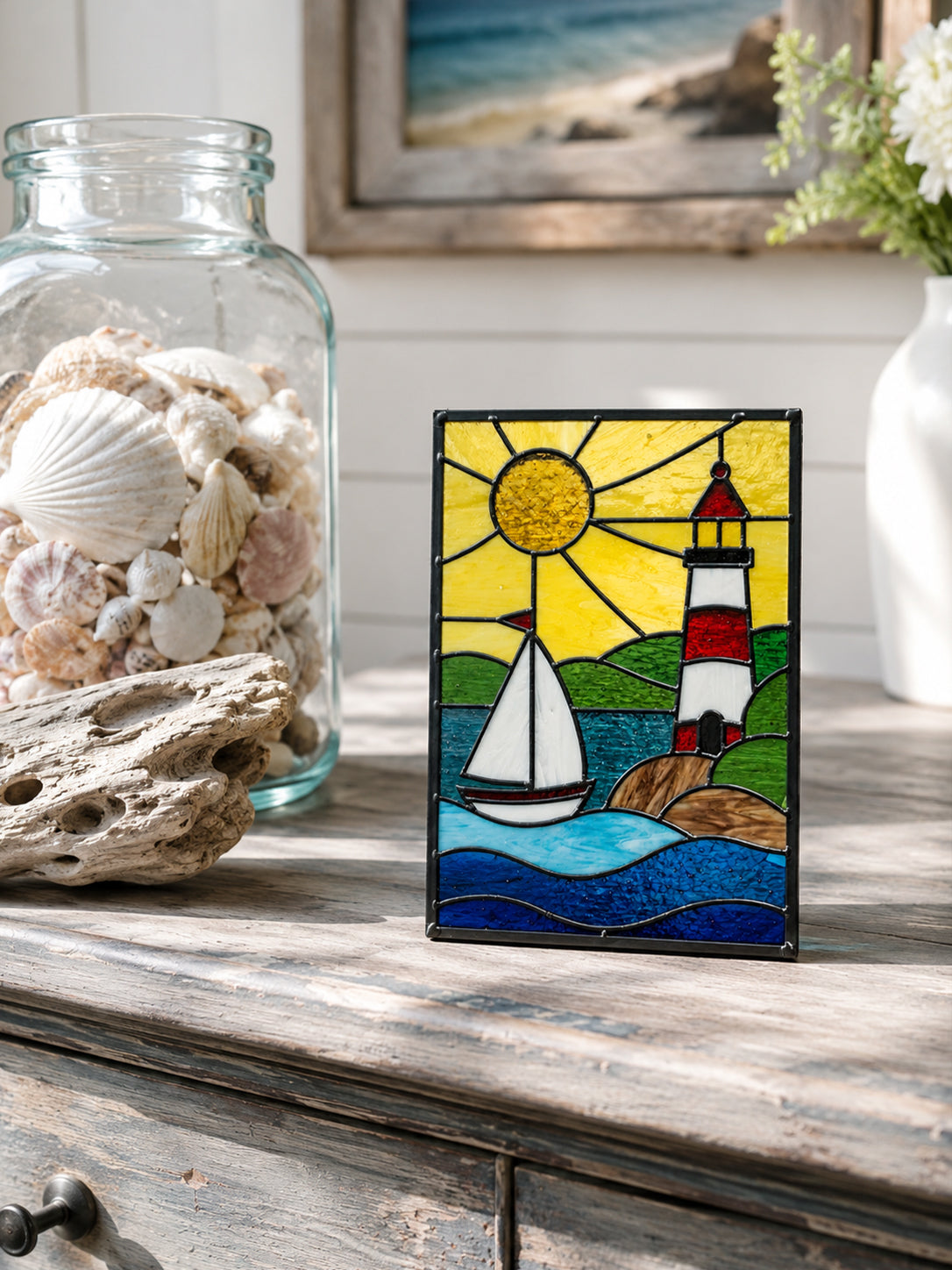 Lighthouse Stained Glass Suncatcher, Coastal Sailboat Glass Art, Nautical Home Decor, Beach House Moving Gift, Seaside Window Art