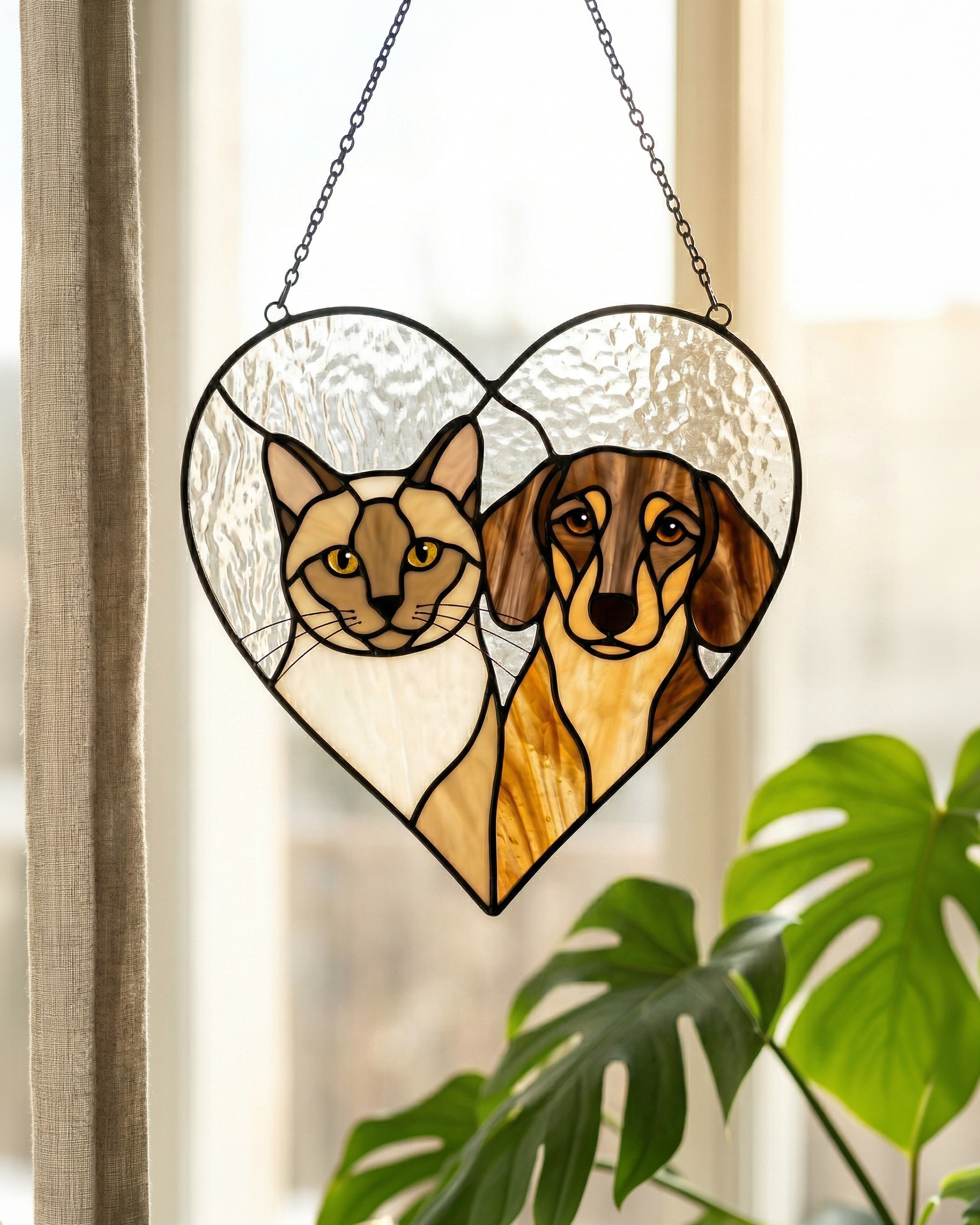 Stained Glass Cat & Dog Heart Suncatcher