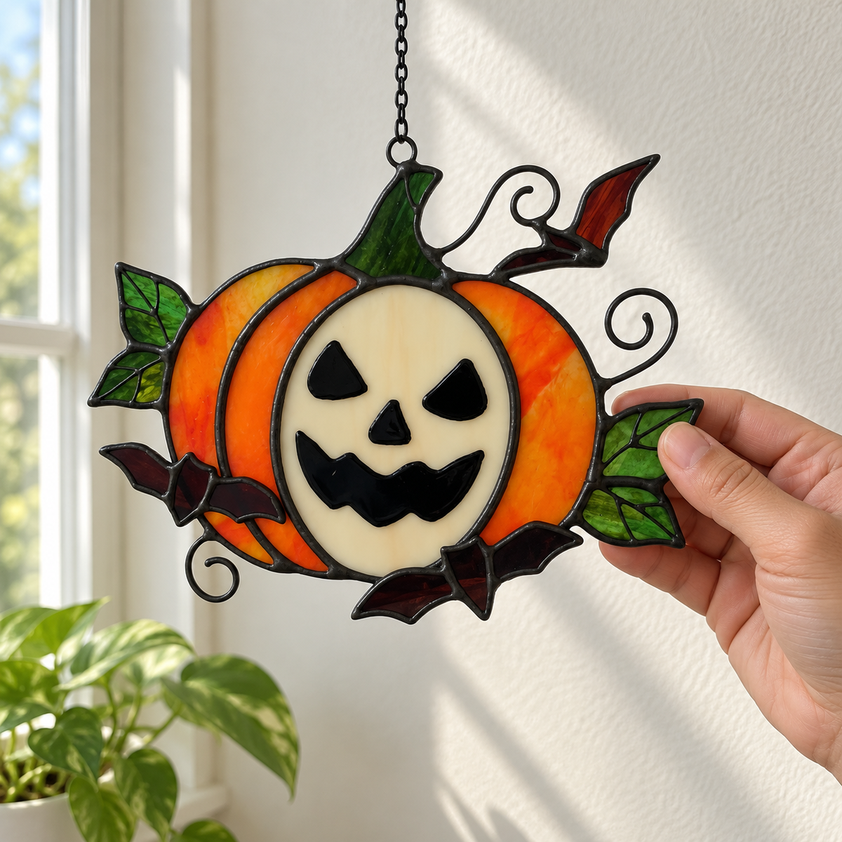 Stained Glass Pumpkin Suncatcher – Spooky & Cute Autumn Decor