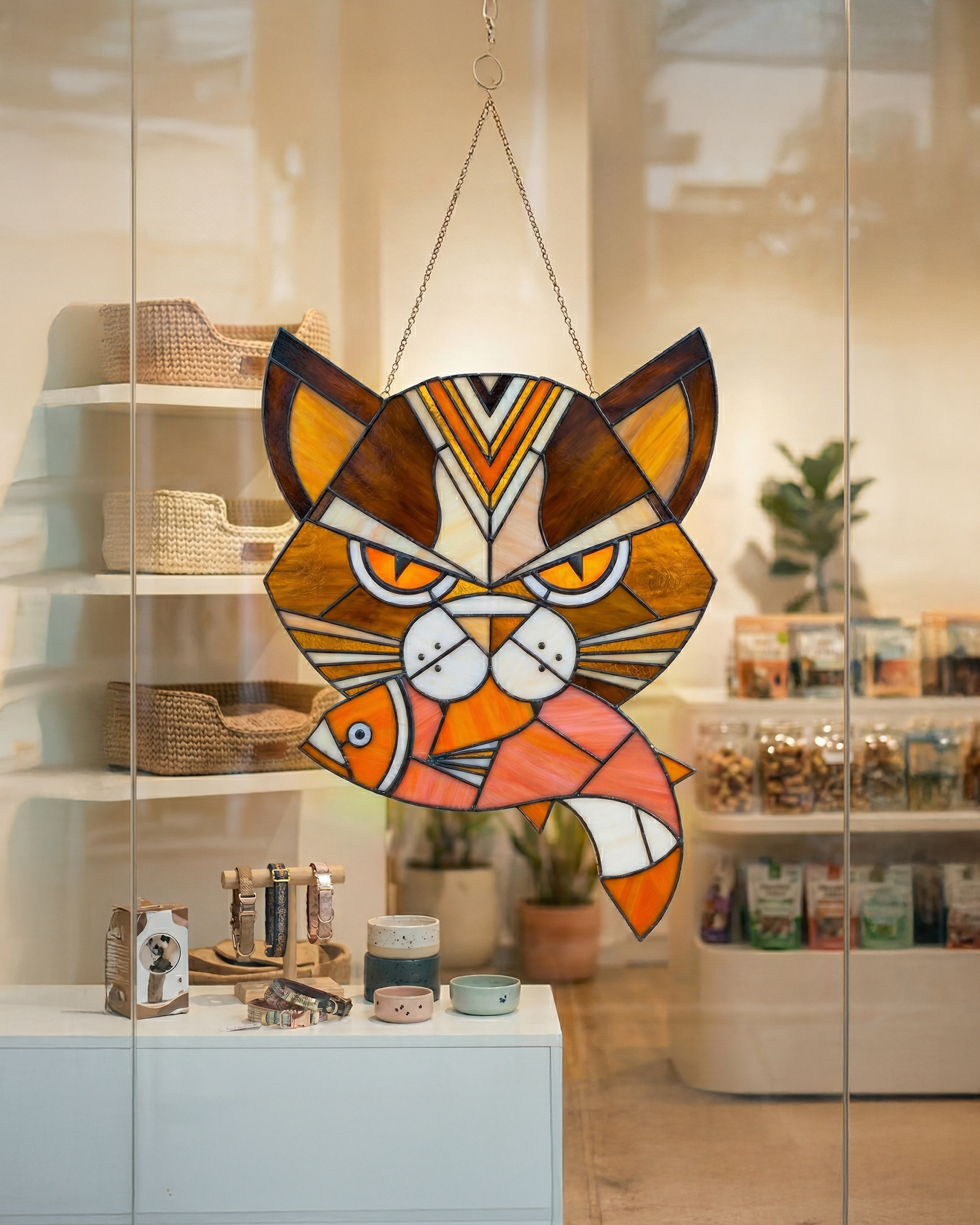 Handcrafted Stained Glass Cat &amp; Fish Suncatcher