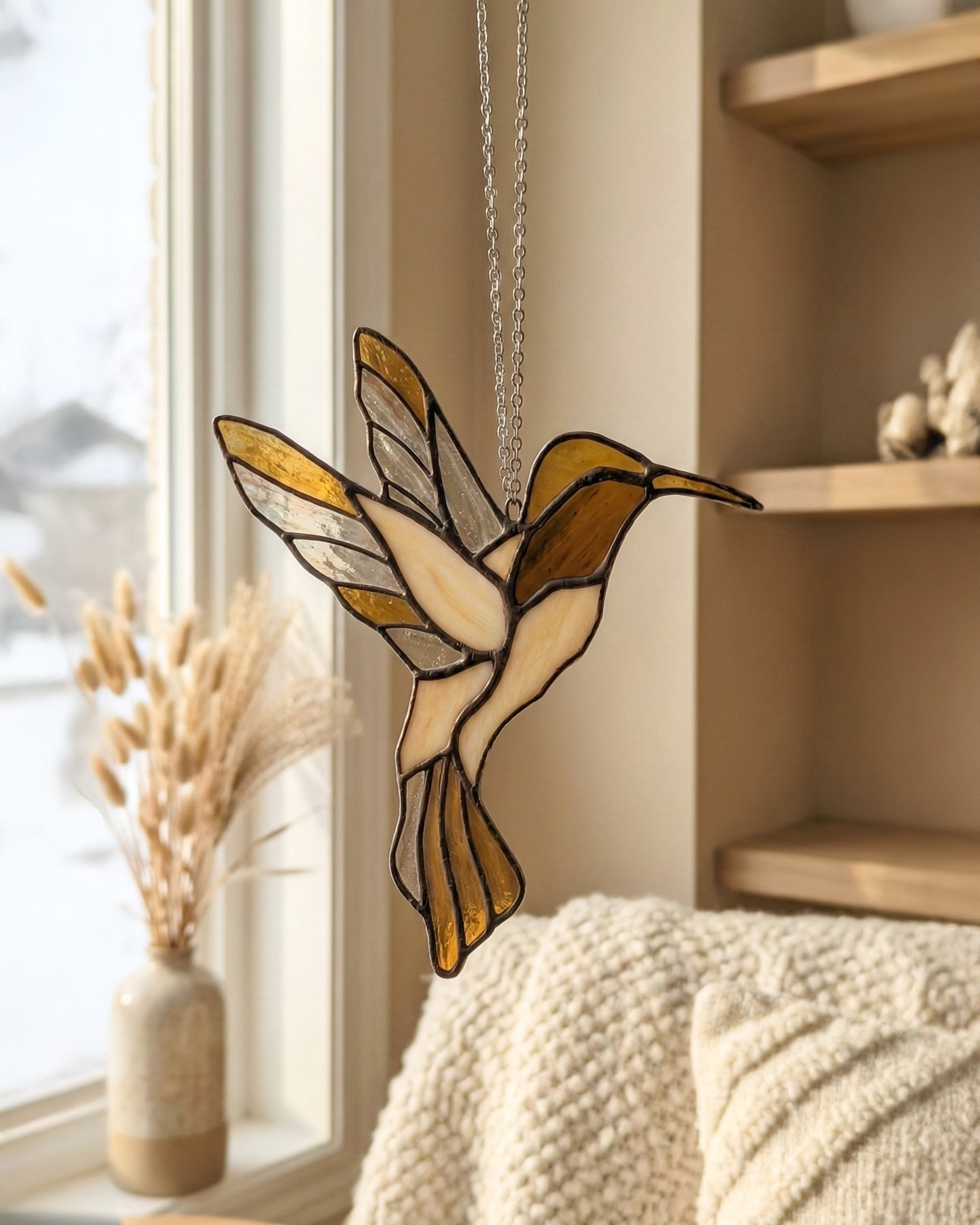 Golden Amber Stained Glass Hummingbird Suncatcher