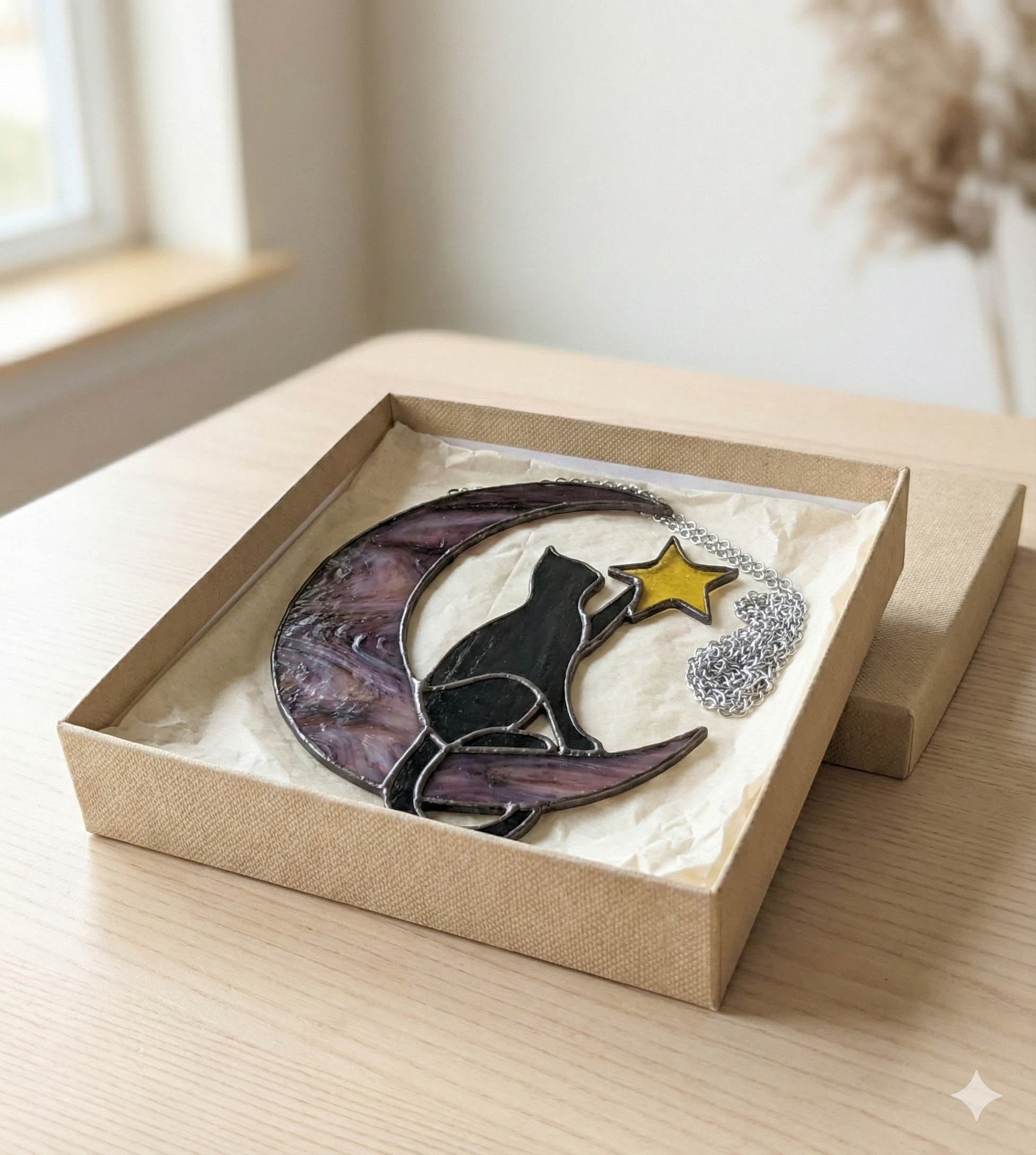 Stained Glass Cat & Moon Suncatcher