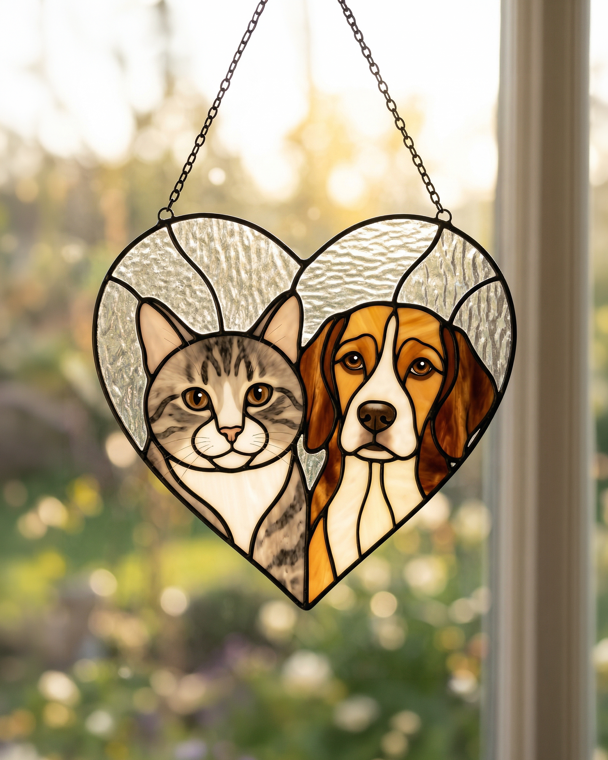 Stained Glass Cat & Dog Heart Suncatcher