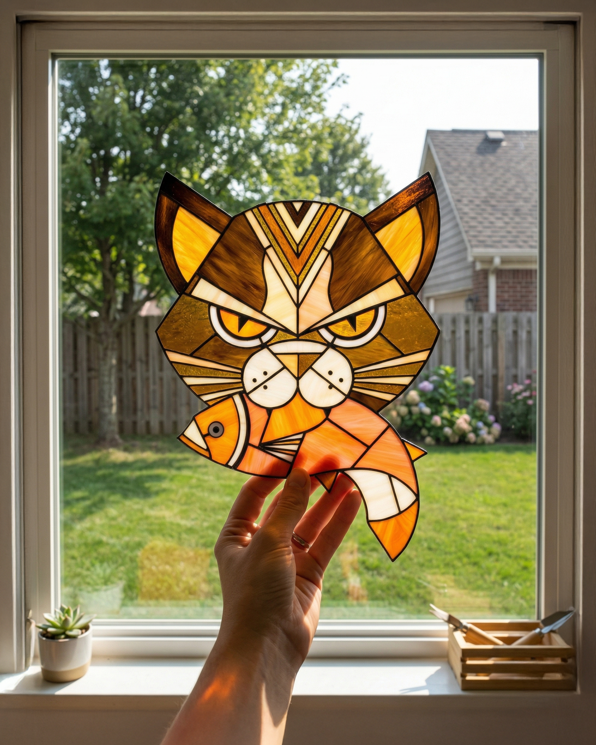 Handcrafted Stained Glass Cat &amp; Fish Suncatcher