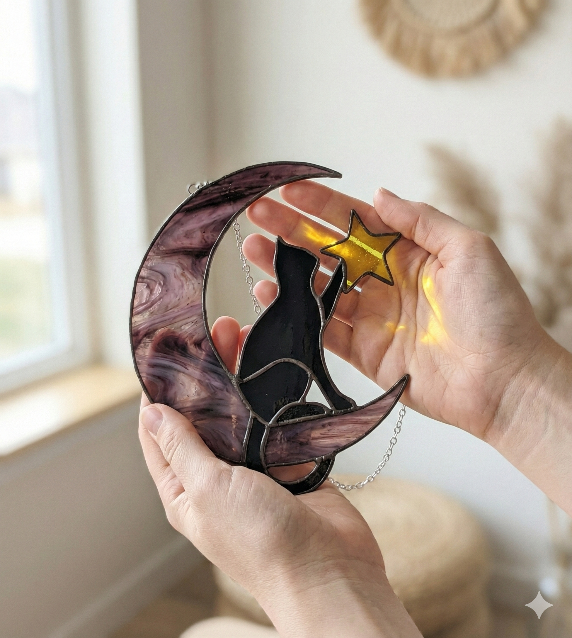 Stained Glass Cat & Moon Suncatcher