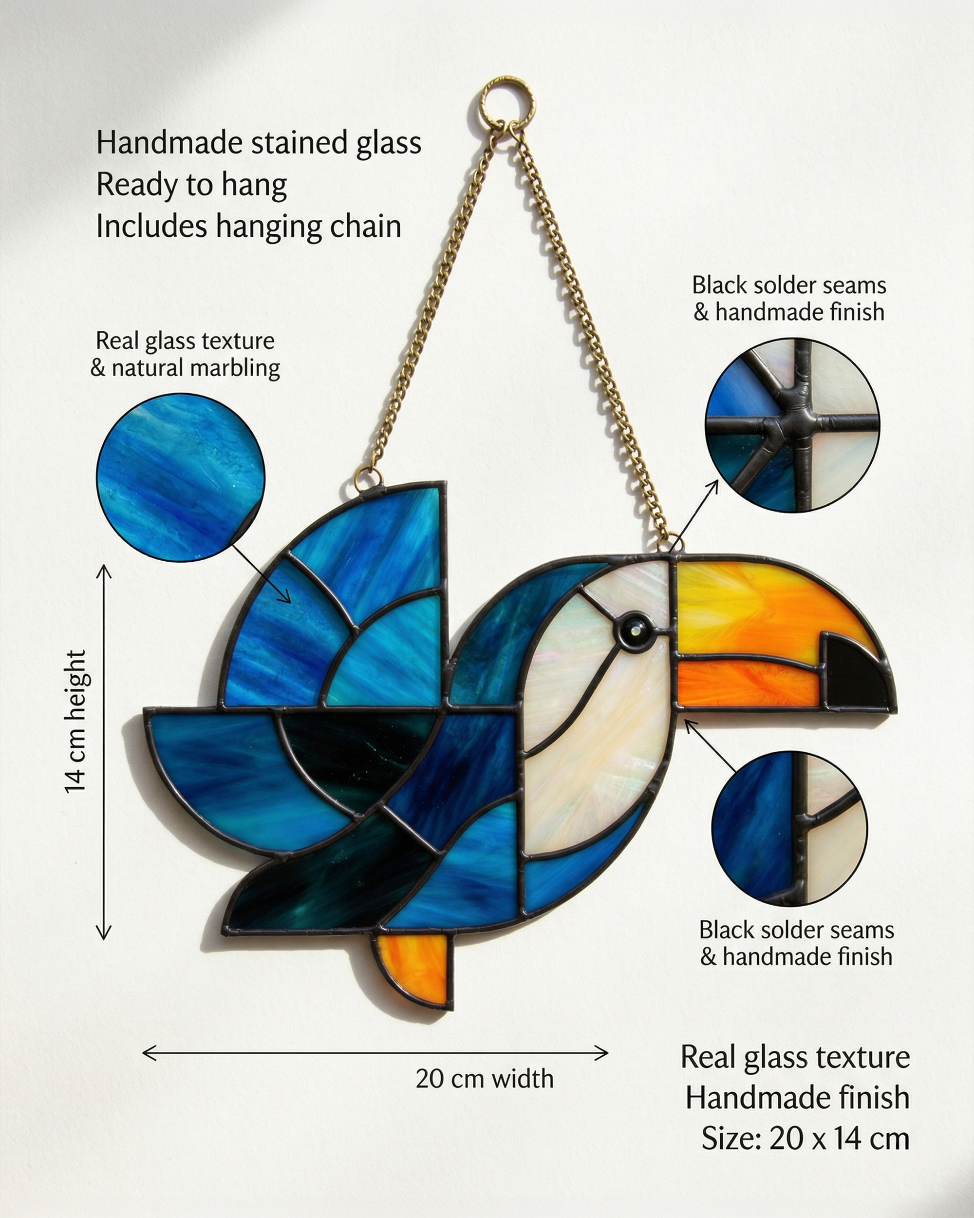 Handcrafted Stained Glass Toucan Bird Suncatcher