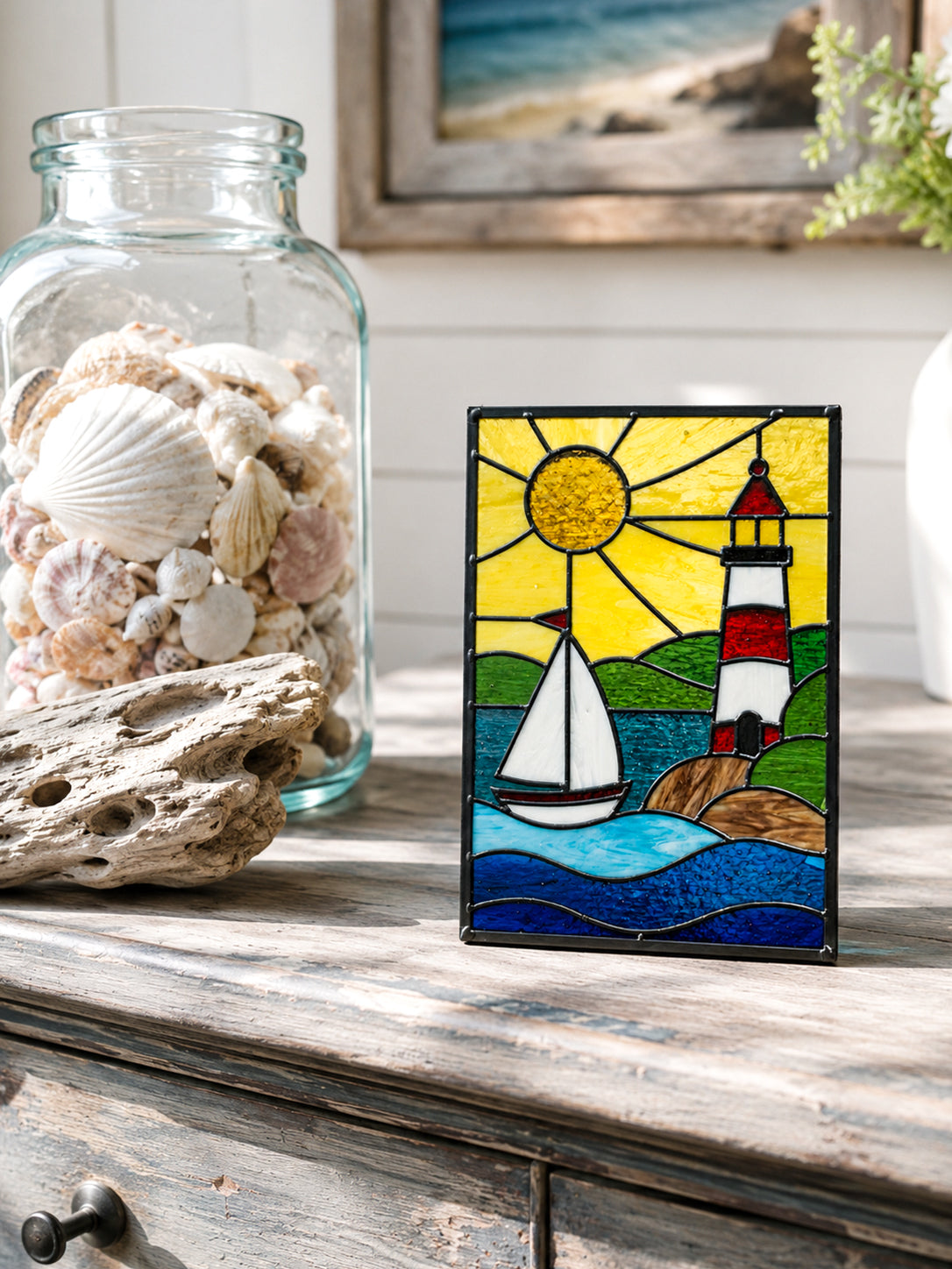 Lighthouse Stained Glass Suncatcher, Coastal Sailboat Glass Art, Nautical Home Decor, Beach House Moving Gift, Seaside Window Art