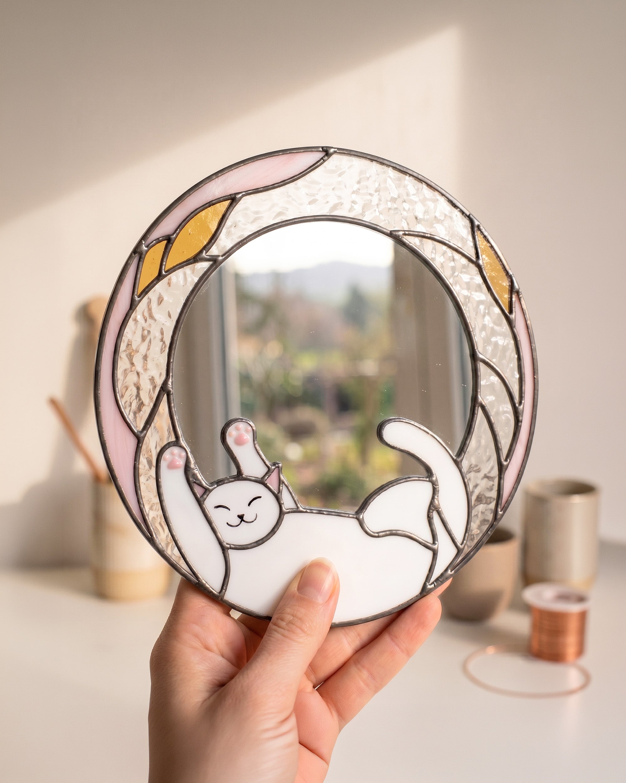 Stained Glass Pink Cat Suncatcher