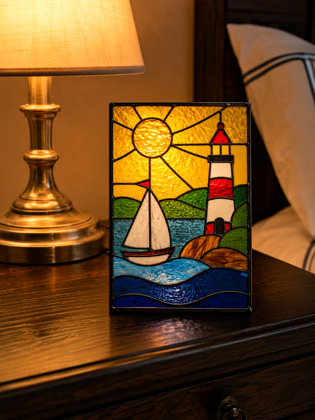 Lighthouse Stained Glass Suncatcher, Coastal Sailboat Glass Art, Nautical Home Decor, Beach House Moving Gift, Seaside Window Art
