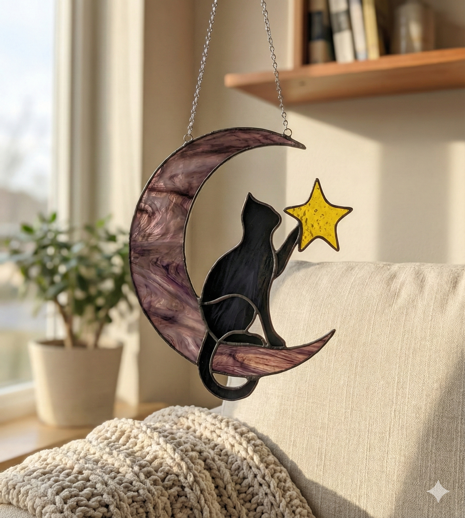 Stained Glass Cat & Moon Suncatcher