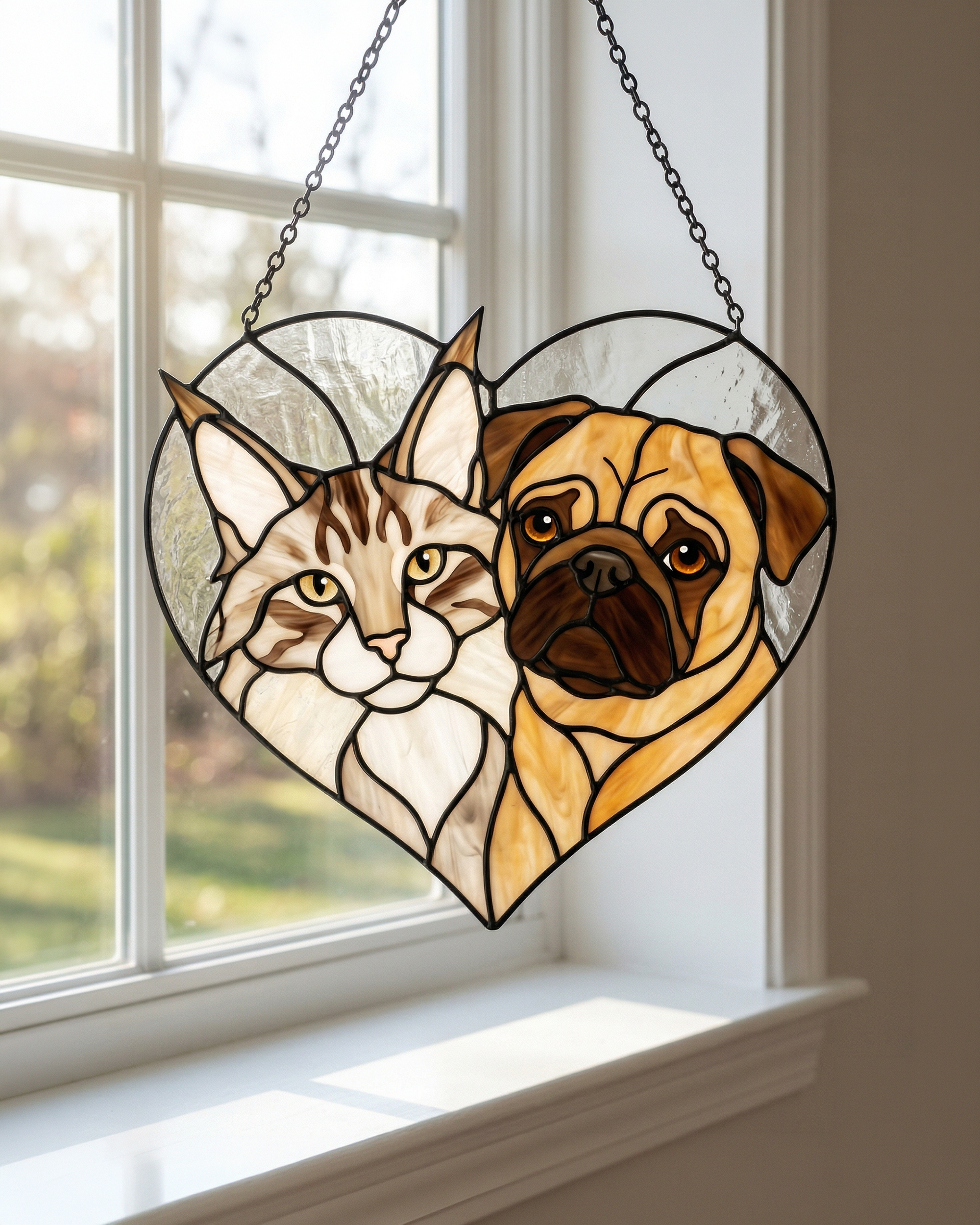 Stained Glass Cat & Dog Heart Suncatcher