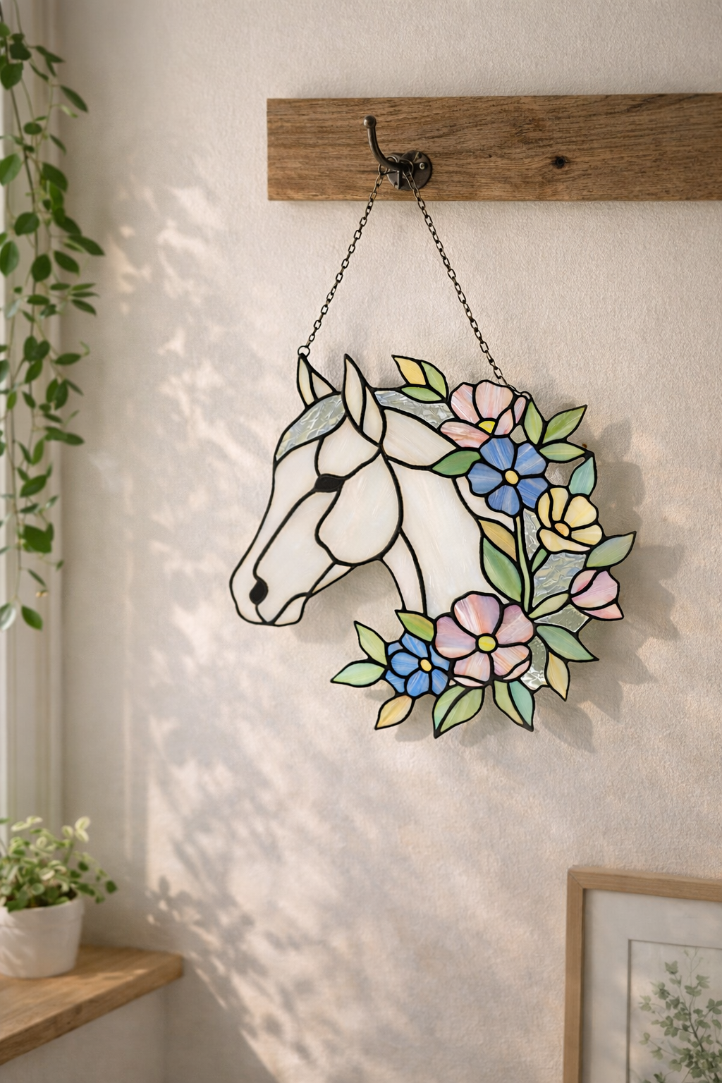Majestic Floral Stained Glass Horse Suncatcher