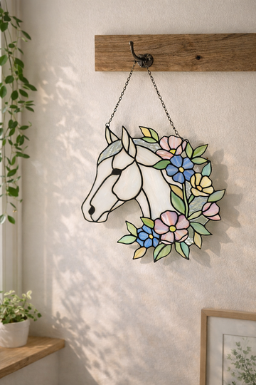 Majestic Floral Stained Glass Horse Suncatcher