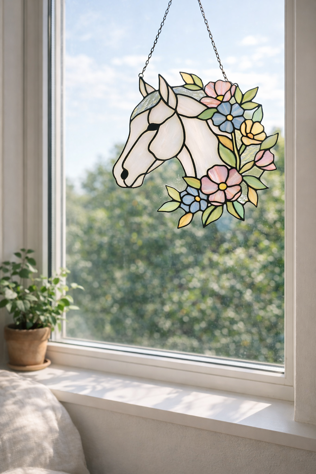 Majestic Floral Stained Glass Horse Suncatcher