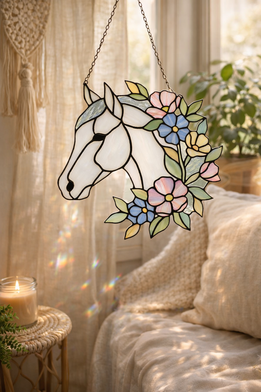 Majestic Floral Stained Glass Horse Suncatcher