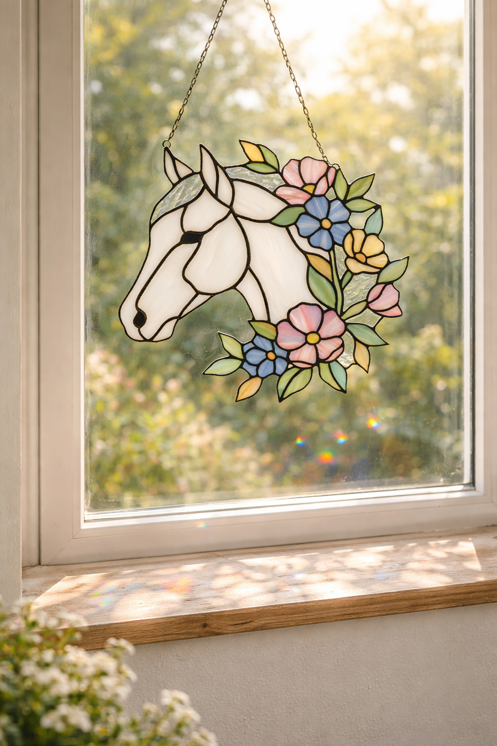 Majestic Floral Stained Glass Horse Suncatcher