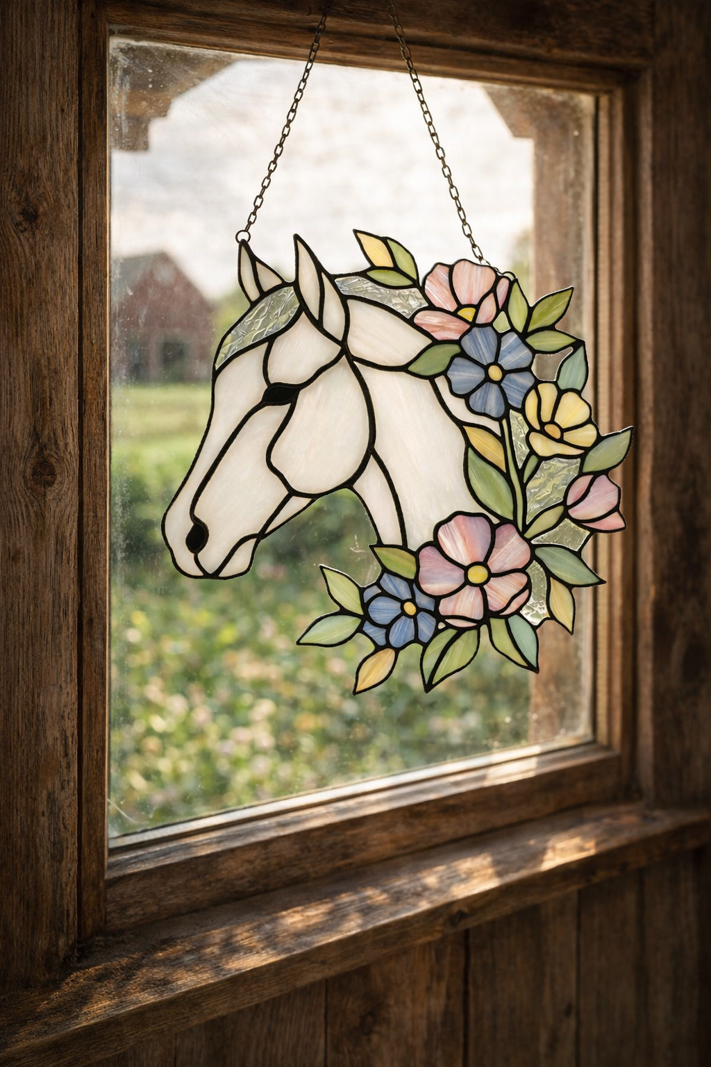 Majestic Floral Stained Glass Horse Suncatcher