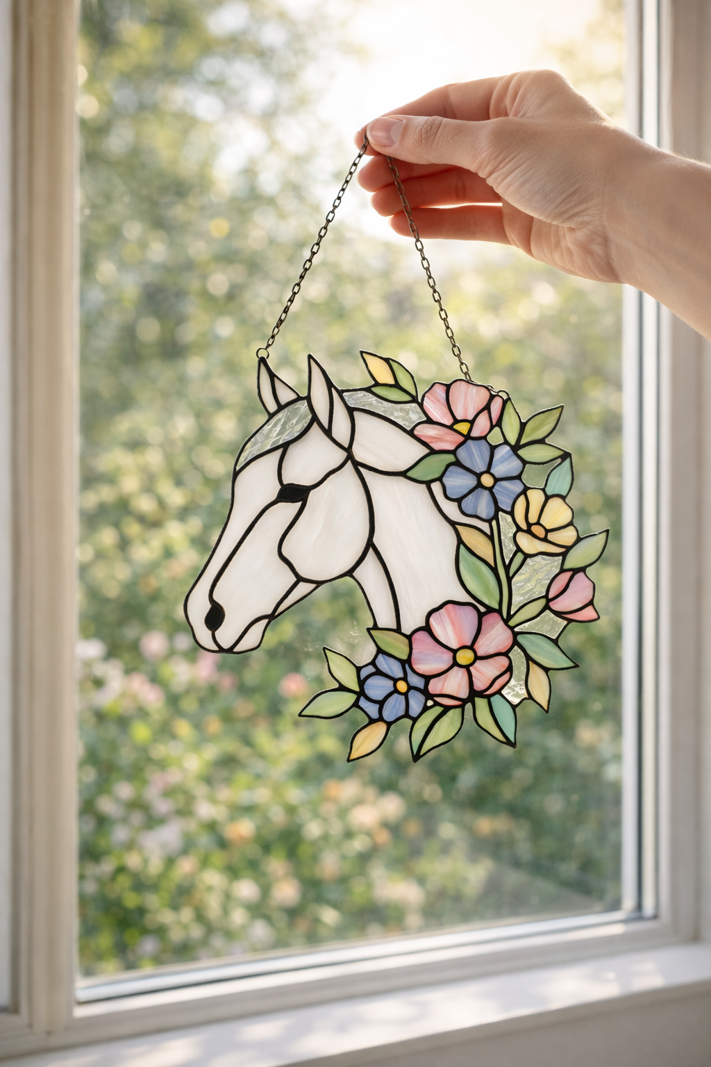 Majestic Floral Stained Glass Horse Suncatcher