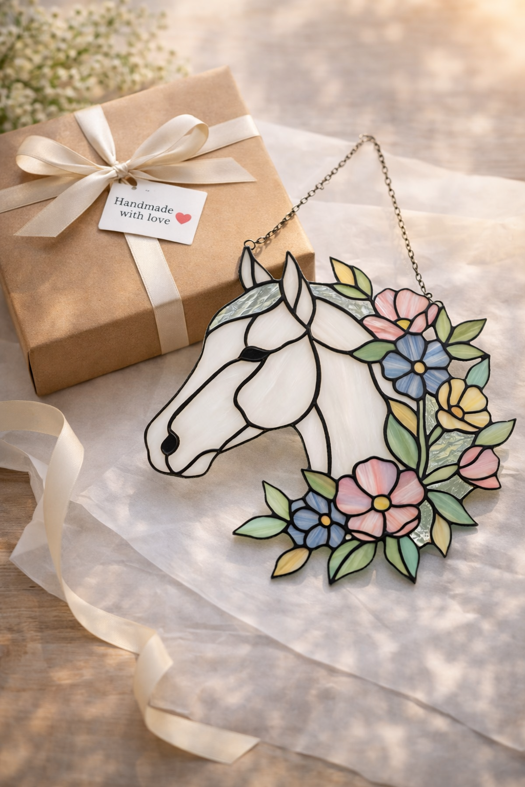 Majestic Floral Stained Glass Horse Suncatcher