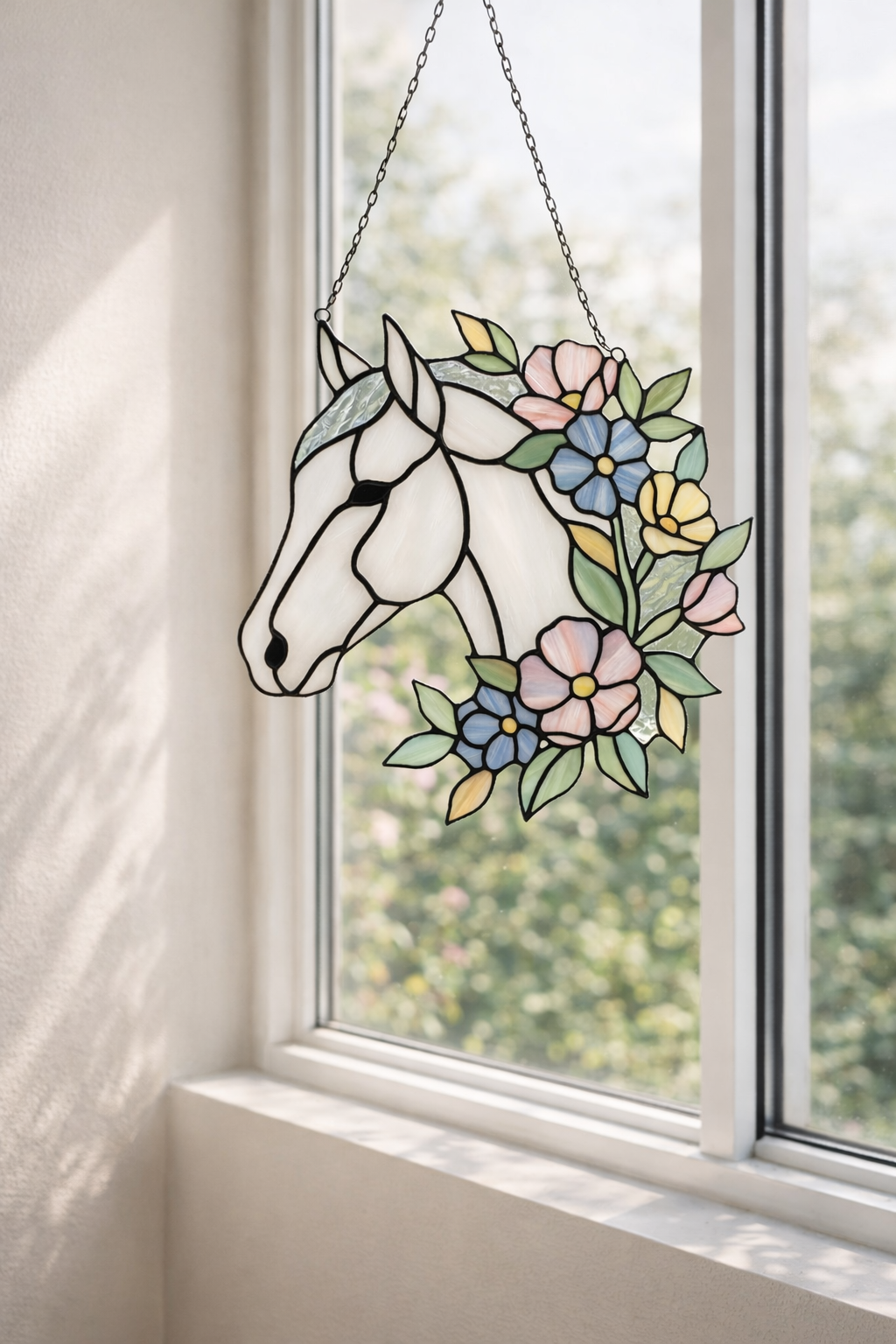 Majestic Floral Stained Glass Horse Suncatcher