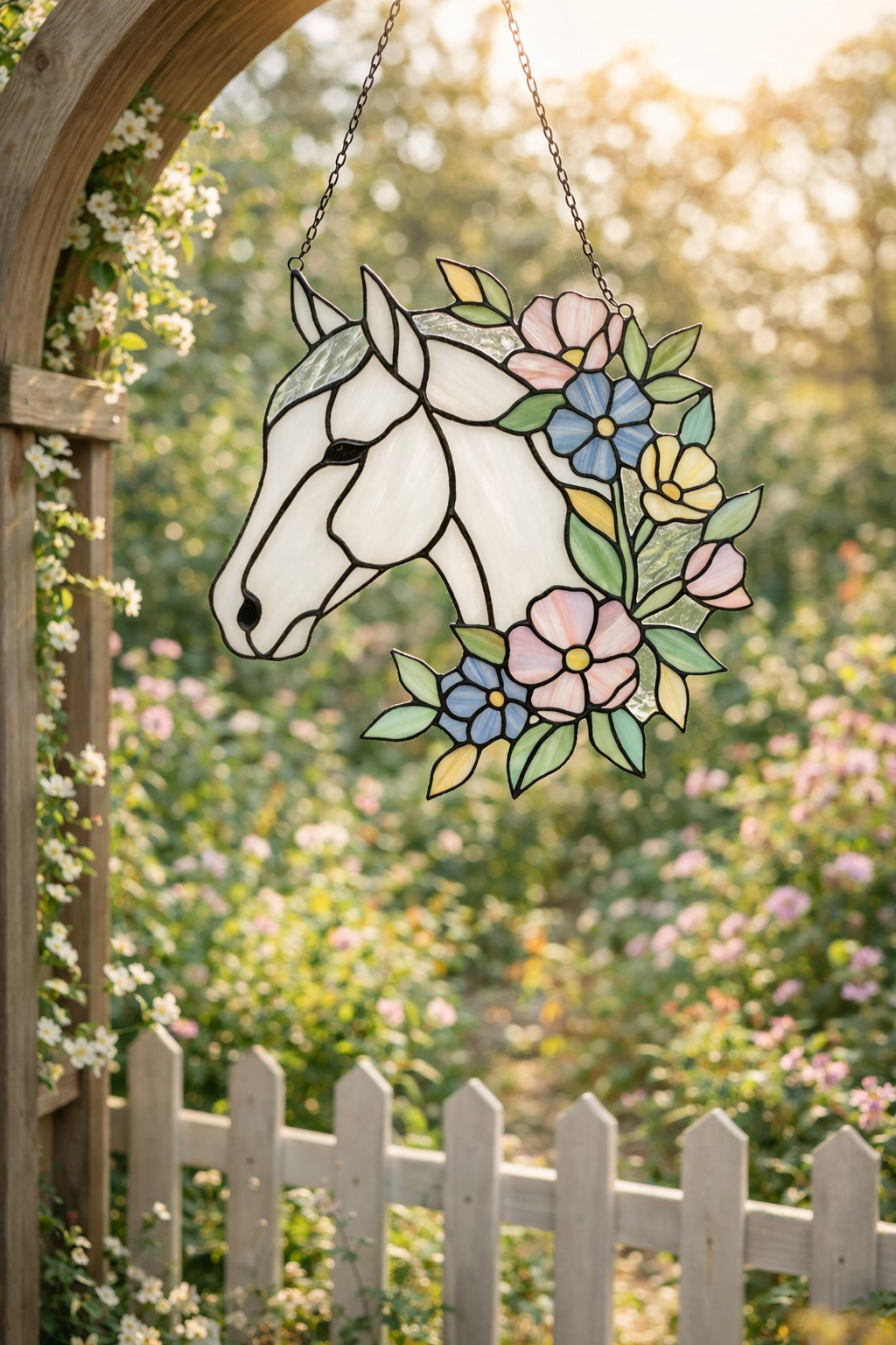 Majestic Floral Stained Glass Horse Suncatcher