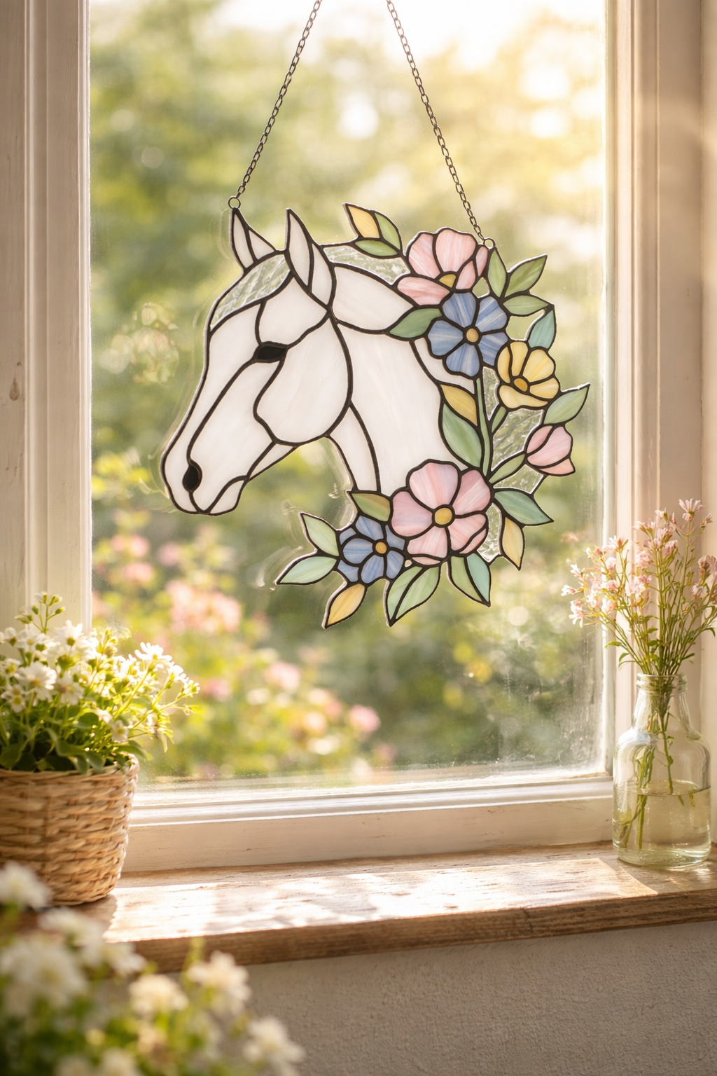 Majestic Floral Stained Glass Horse Suncatcher
