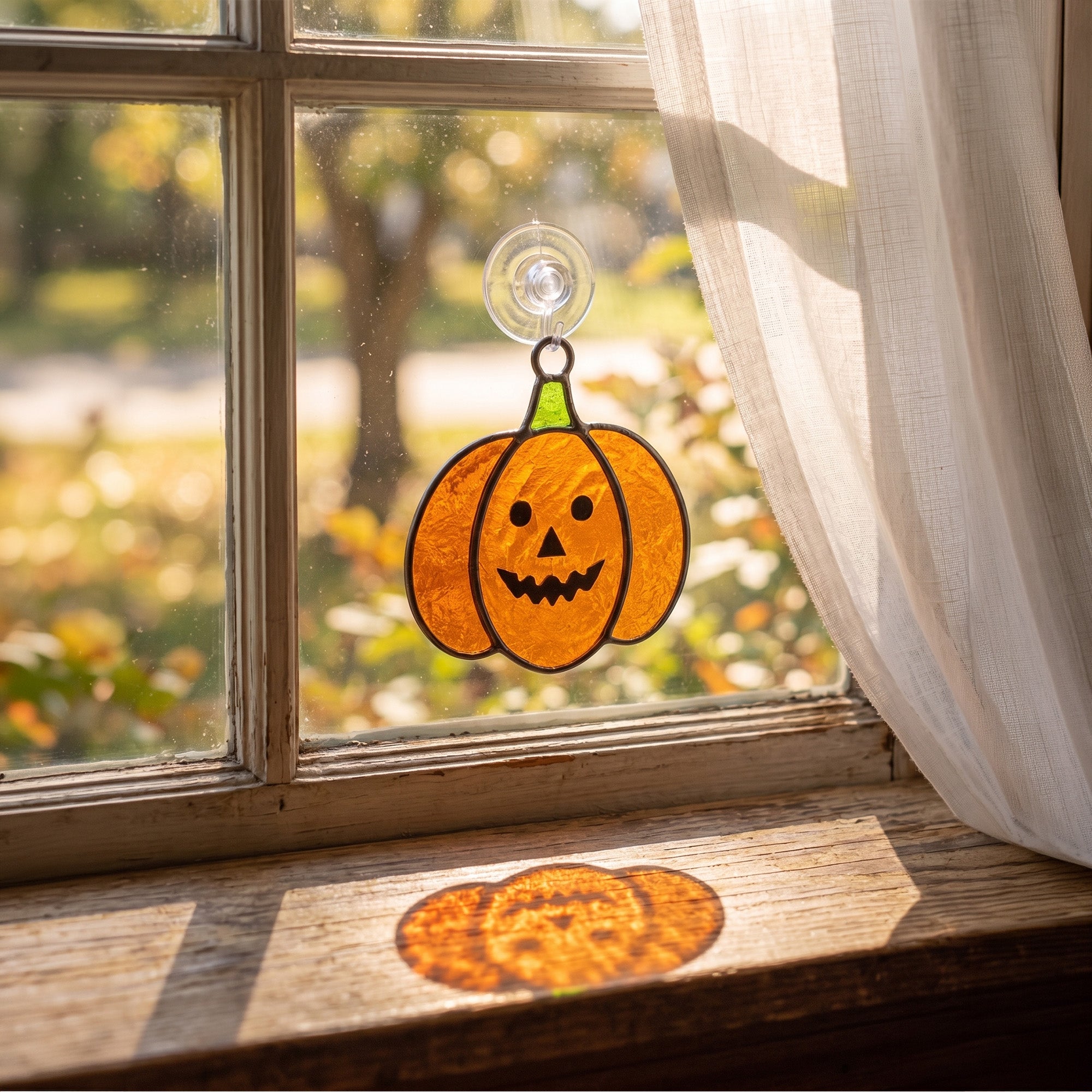 Festive Stained Glass Jack-o'-Lantern Pumpkin Suncatcher – Spooky & Cute Autumn Decor