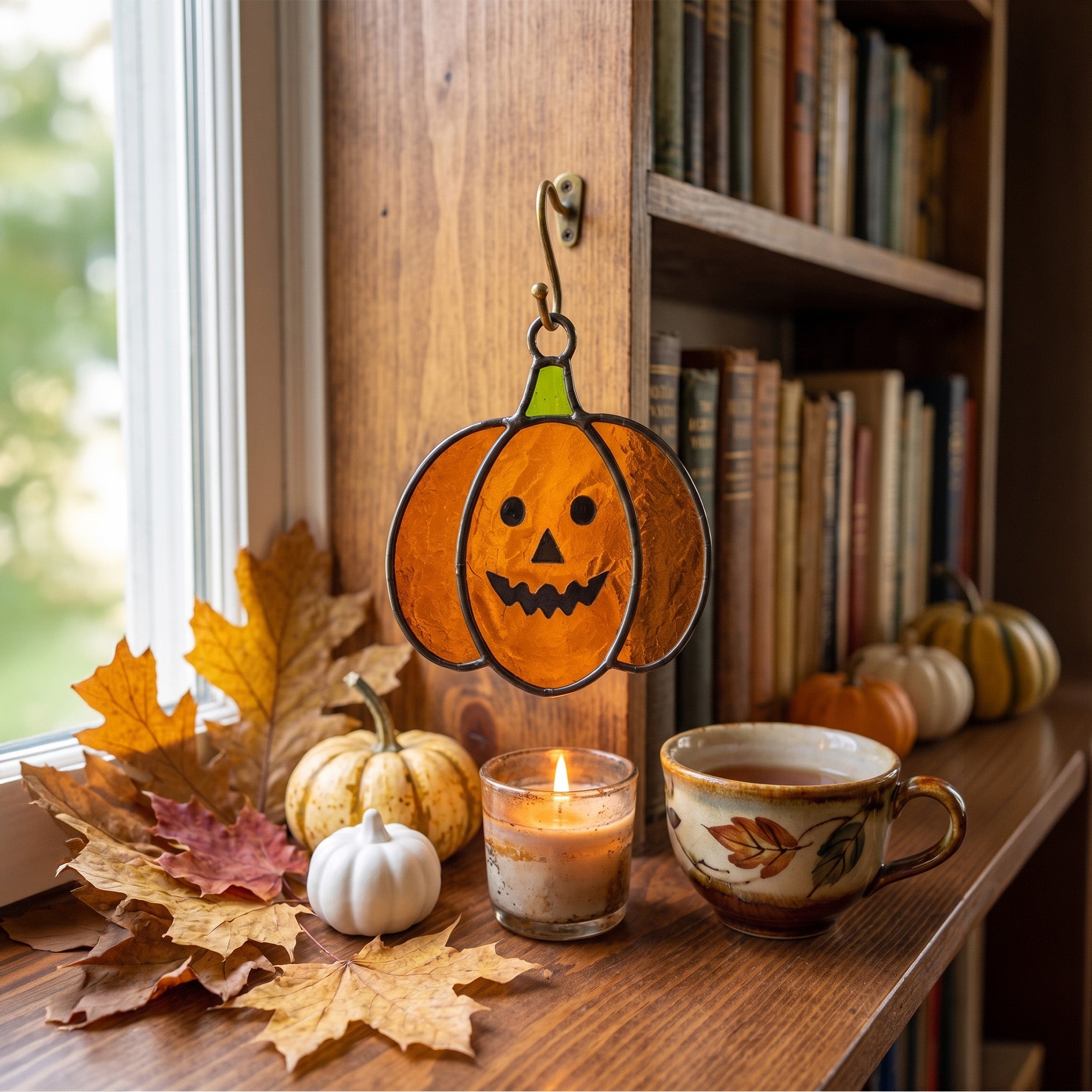 Festive Stained Glass Jack-o'-Lantern Pumpkin Suncatcher – Spooky & Cute Autumn Decor