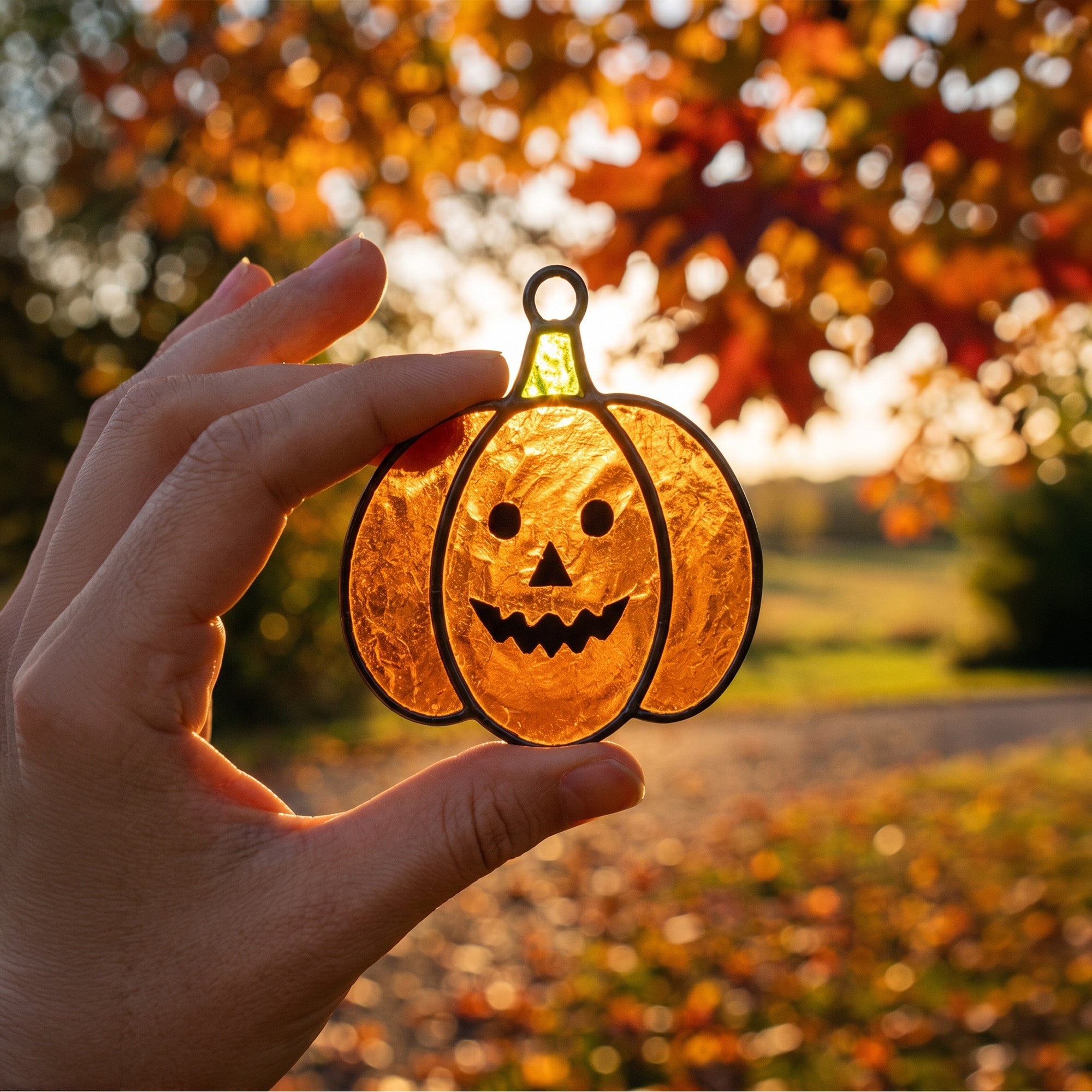 Festive Stained Glass Jack-o'-Lantern Pumpkin Suncatcher – Spooky & Cute Autumn Decor