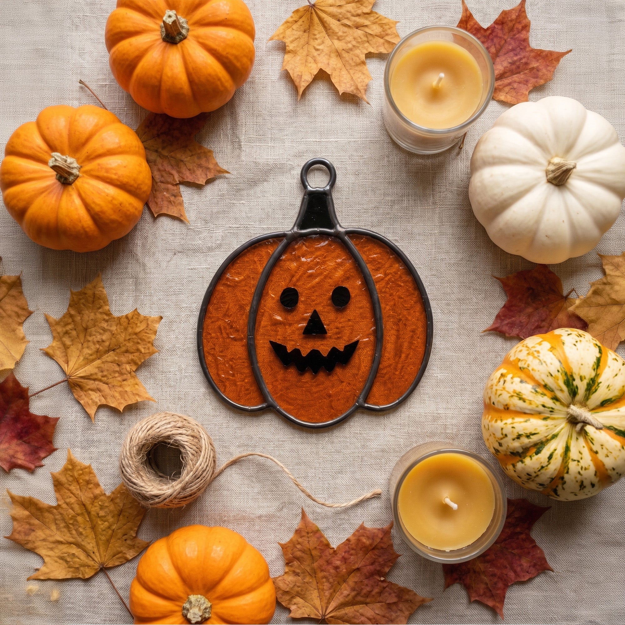 Festive Stained Glass Jack-o'-Lantern Pumpkin Suncatcher – Spooky & Cute Autumn Decor