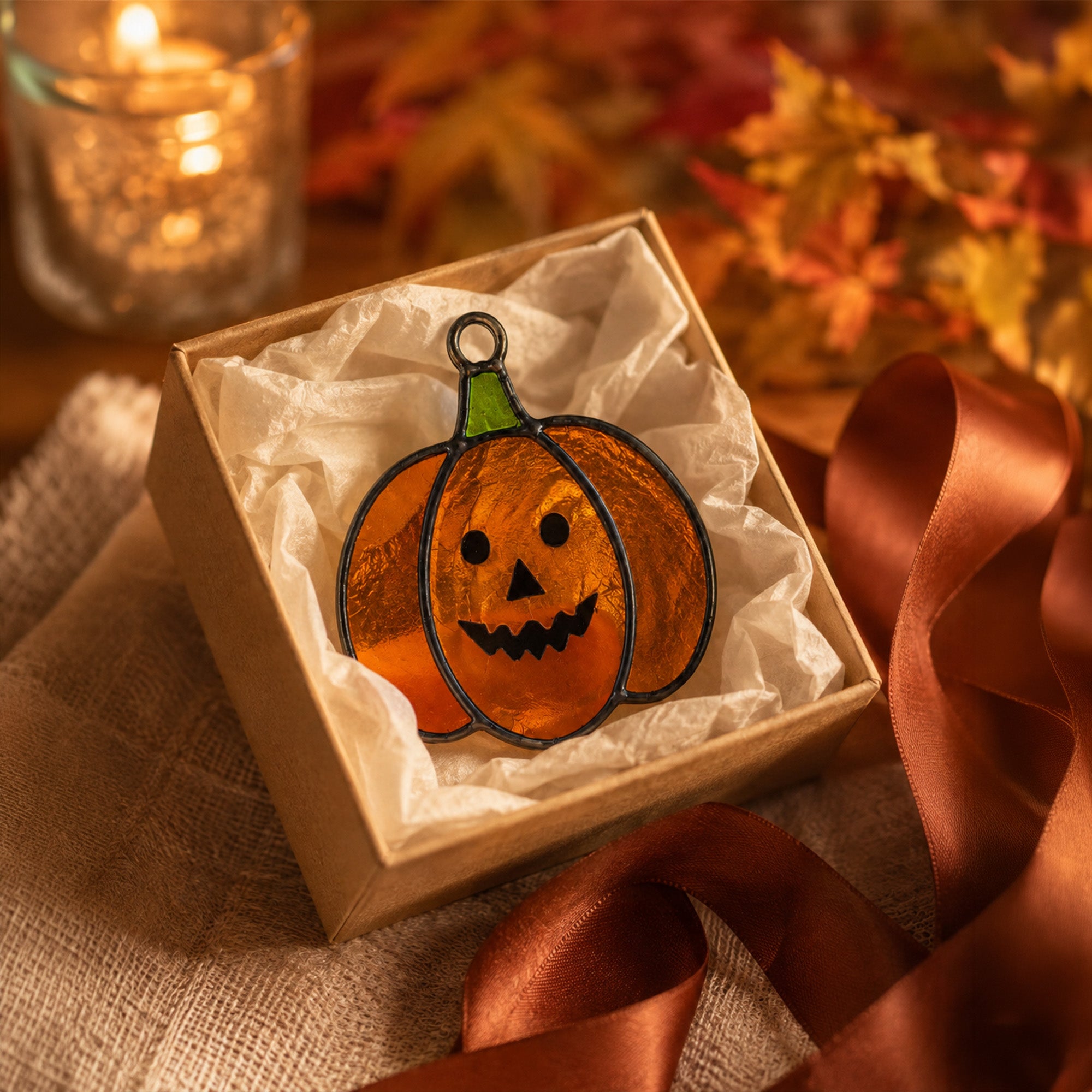 Festive Stained Glass Jack-o'-Lantern Pumpkin Suncatcher – Spooky & Cute Autumn Decor