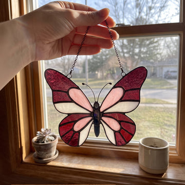 Enchanting Pink & Magenta Stained Glass Butterfly Suncatcher – Handcrafted Window Art