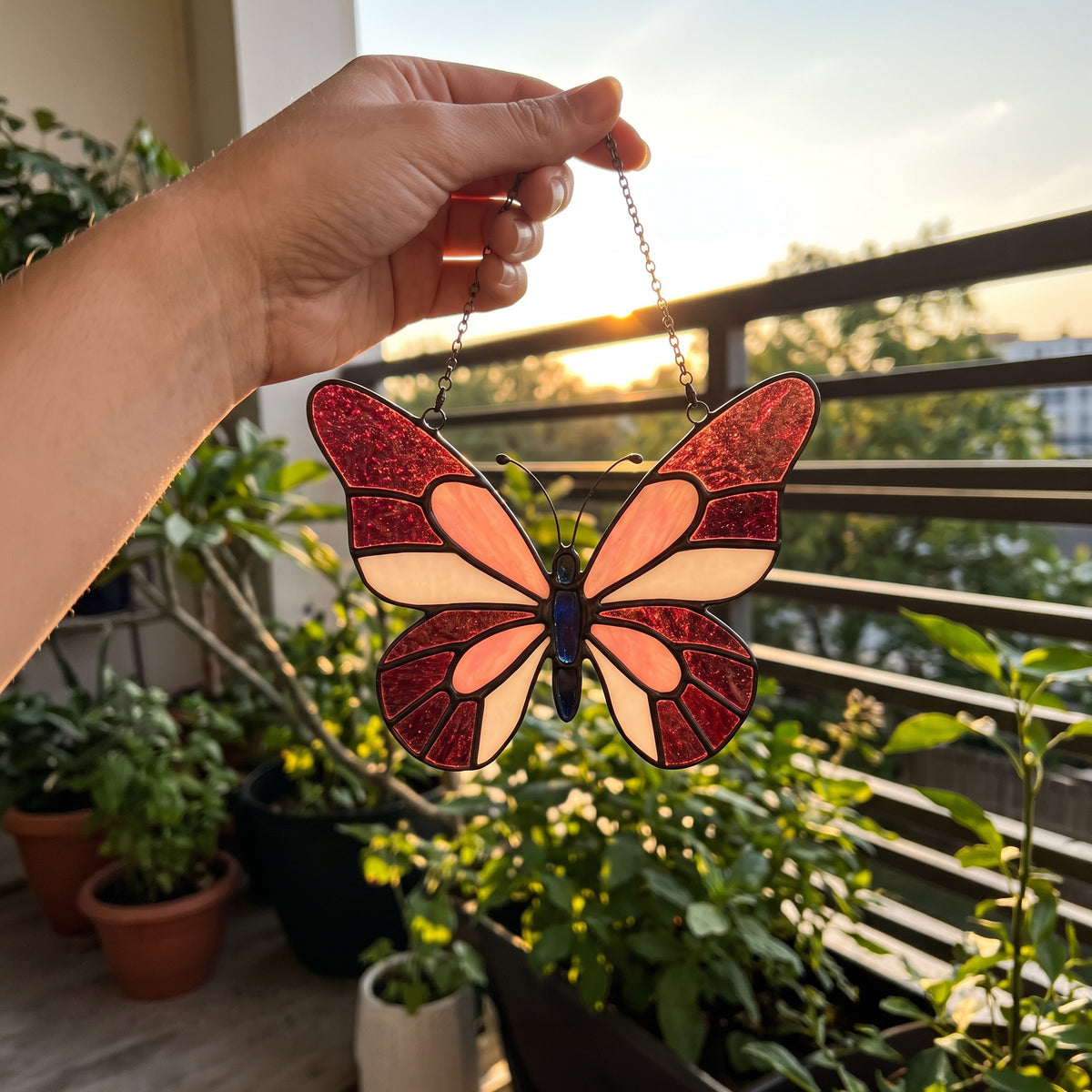 Enchanting Pink & Magenta Stained Glass Butterfly Suncatcher – Handcrafted Window Art