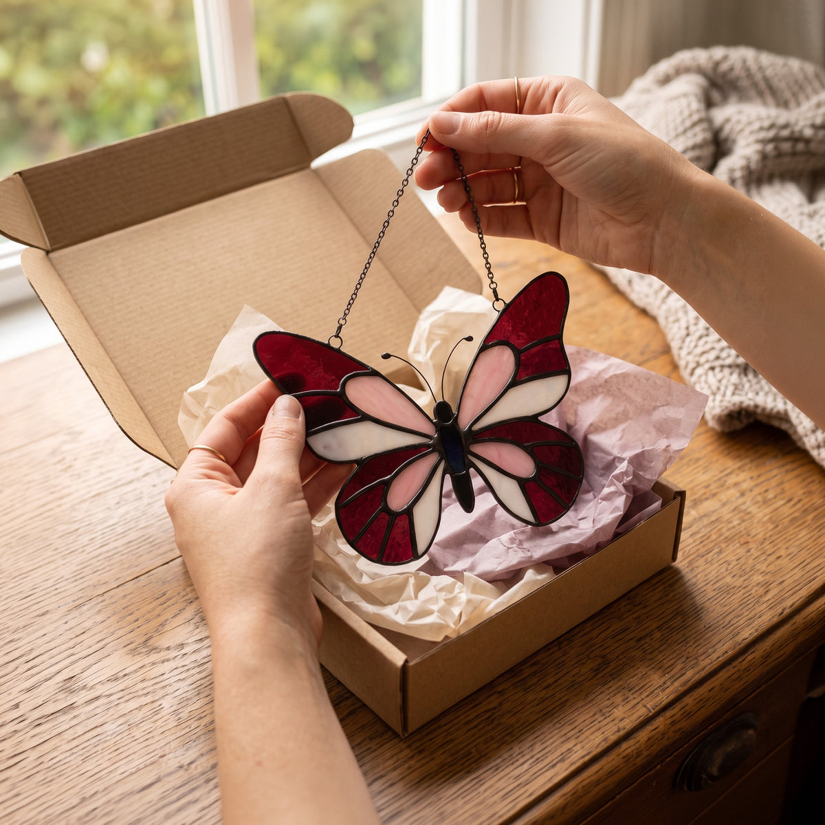 Enchanting Pink & Magenta Stained Glass Butterfly Suncatcher – Handcrafted Window Art