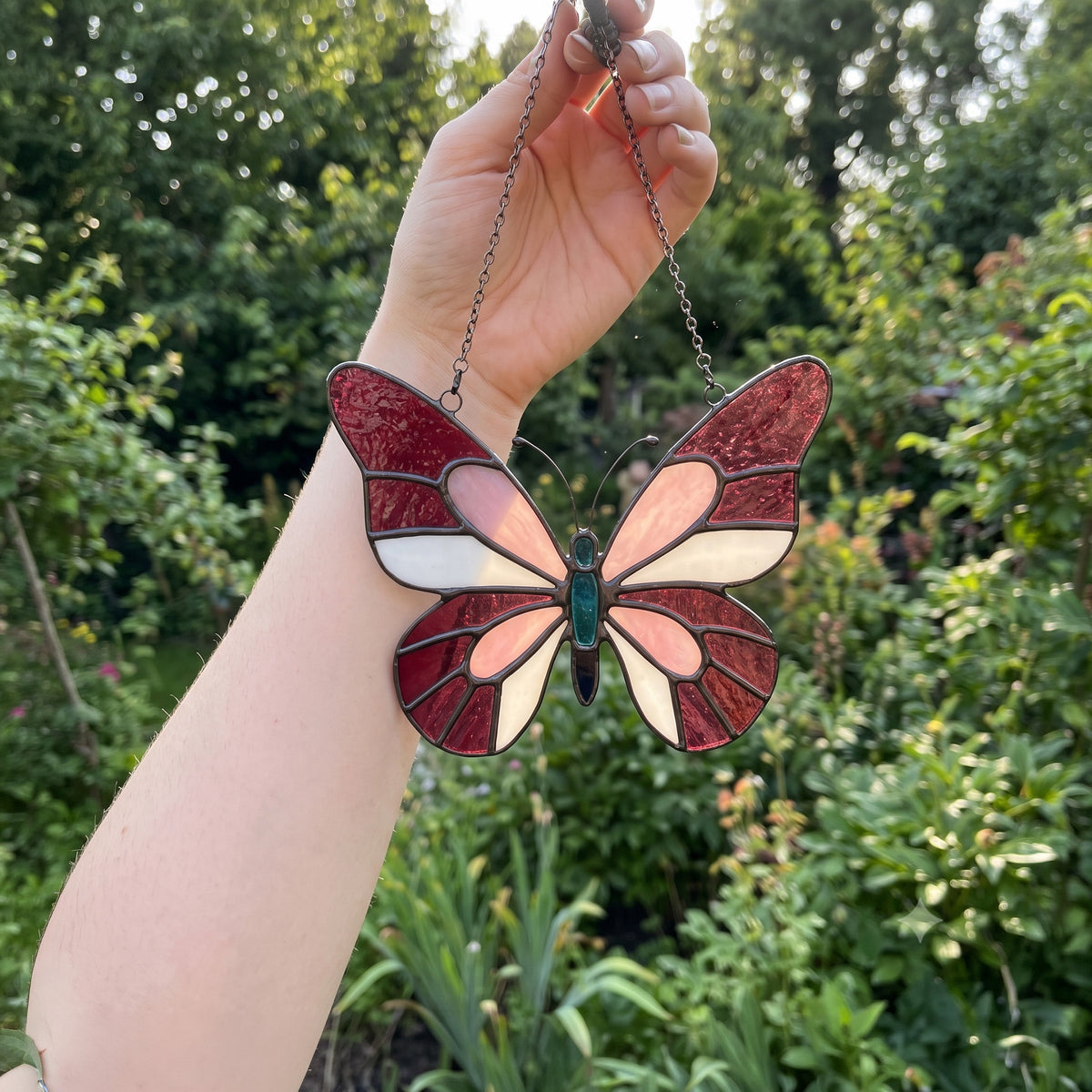 Enchanting Pink & Magenta Stained Glass Butterfly Suncatcher – Handcrafted Window Art