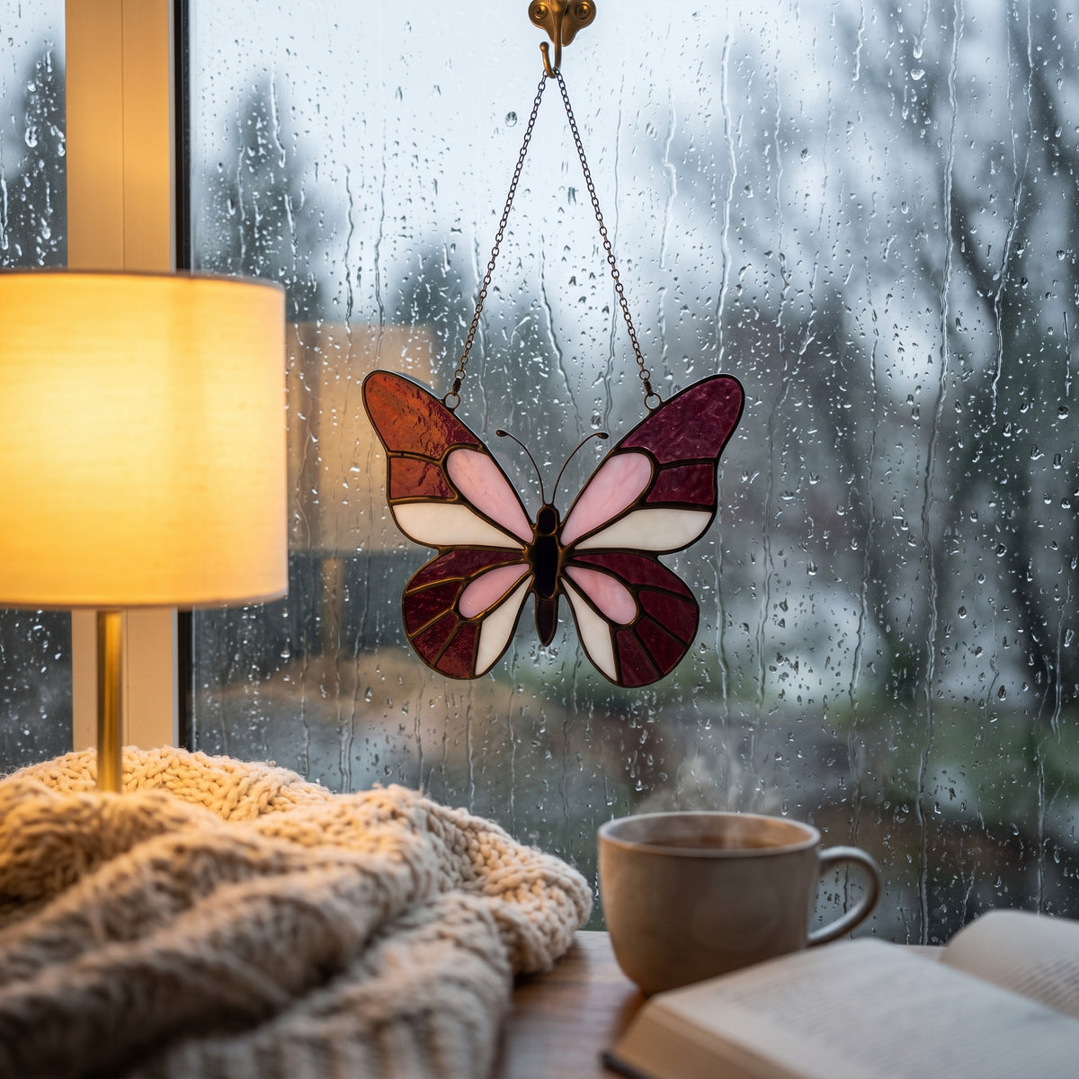 Enchanting Pink & Magenta Stained Glass Butterfly Suncatcher – Handcrafted Window Art