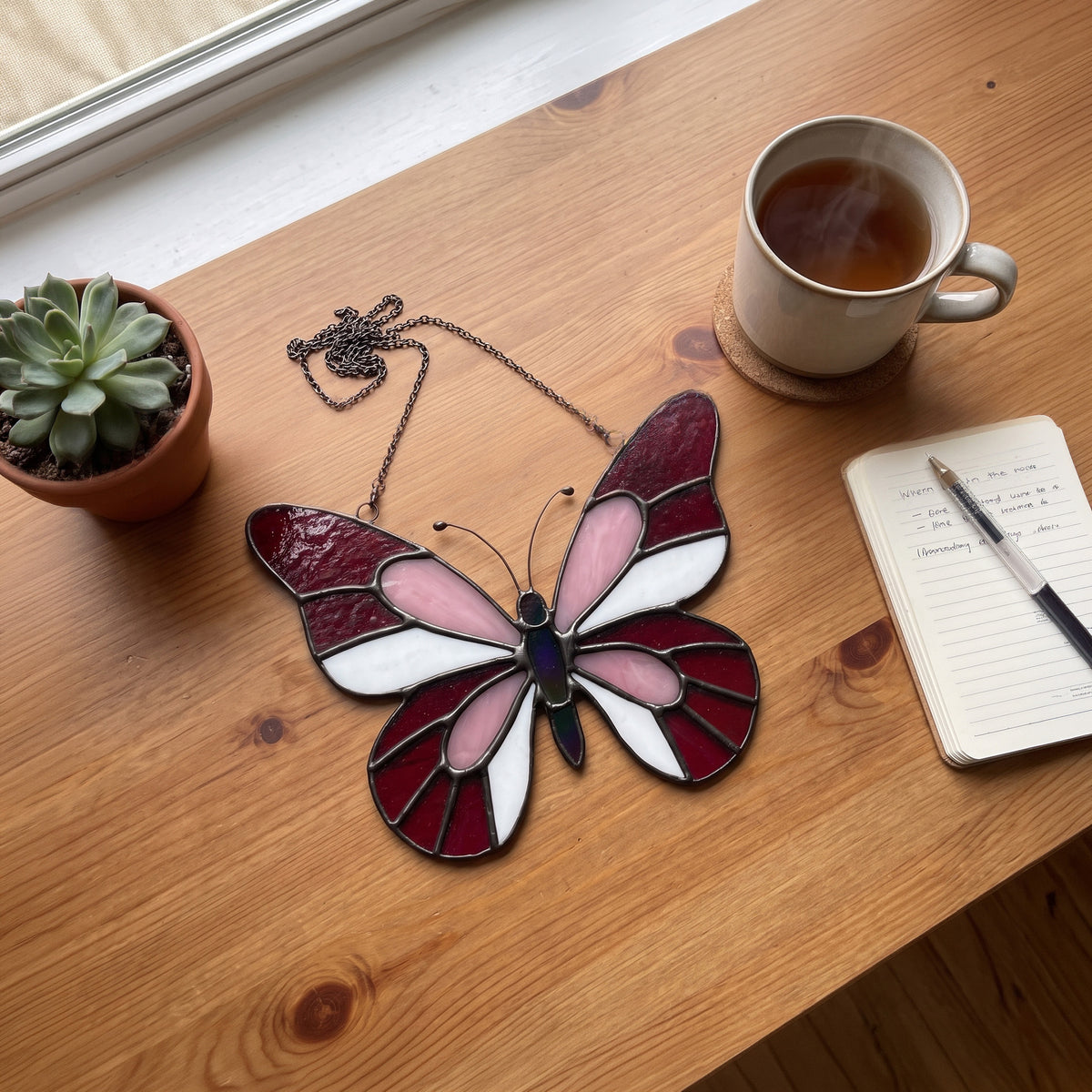 Enchanting Pink & Magenta Stained Glass Butterfly Suncatcher – Handcrafted Window Art