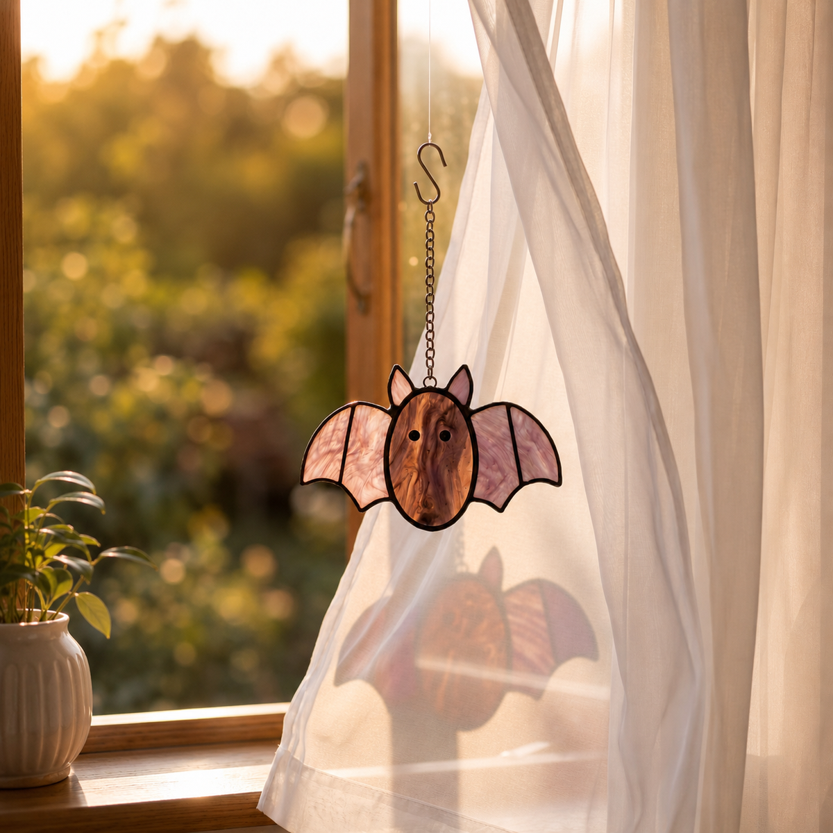 Pastel Spooky-Cute Stained Glass Bat Suncatcher – Handcrafted Window & Car Decor