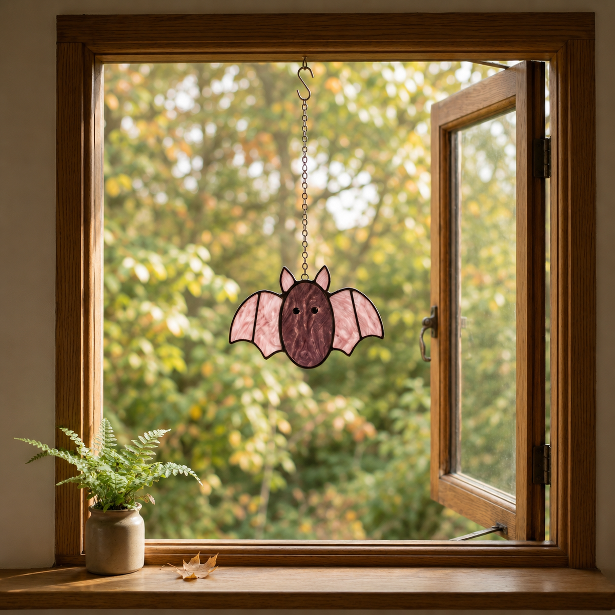 Pastel Spooky-Cute Stained Glass Bat Suncatcher – Handcrafted Window & Car Decor