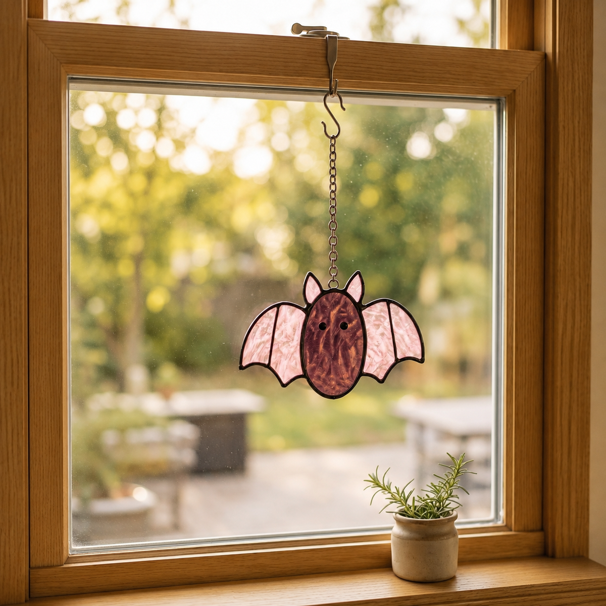 Pastel Spooky-Cute Stained Glass Bat Suncatcher – Handcrafted Window & Car Decor