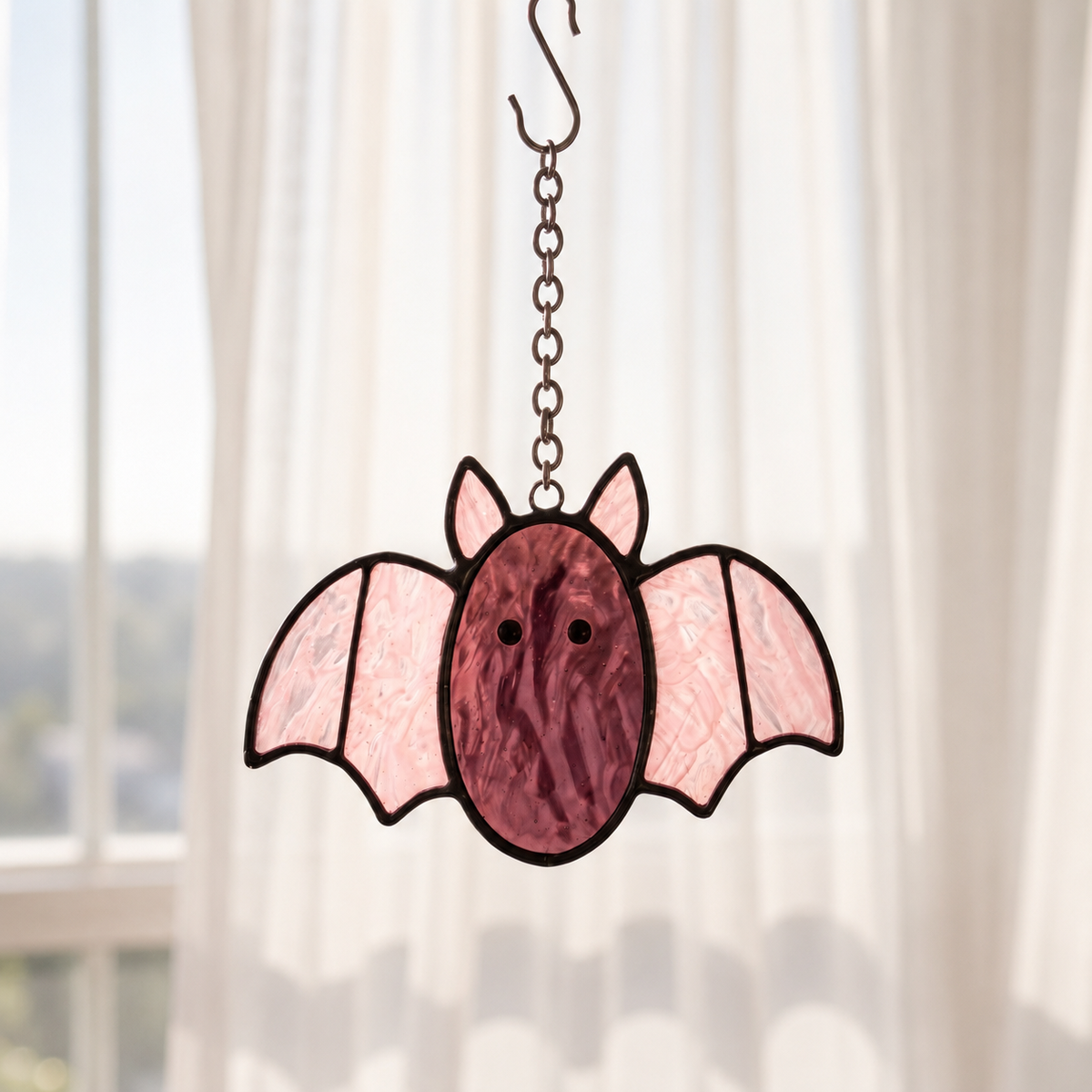 Pastel Spooky-Cute Stained Glass Bat Suncatcher – Handcrafted Window & Car Decor