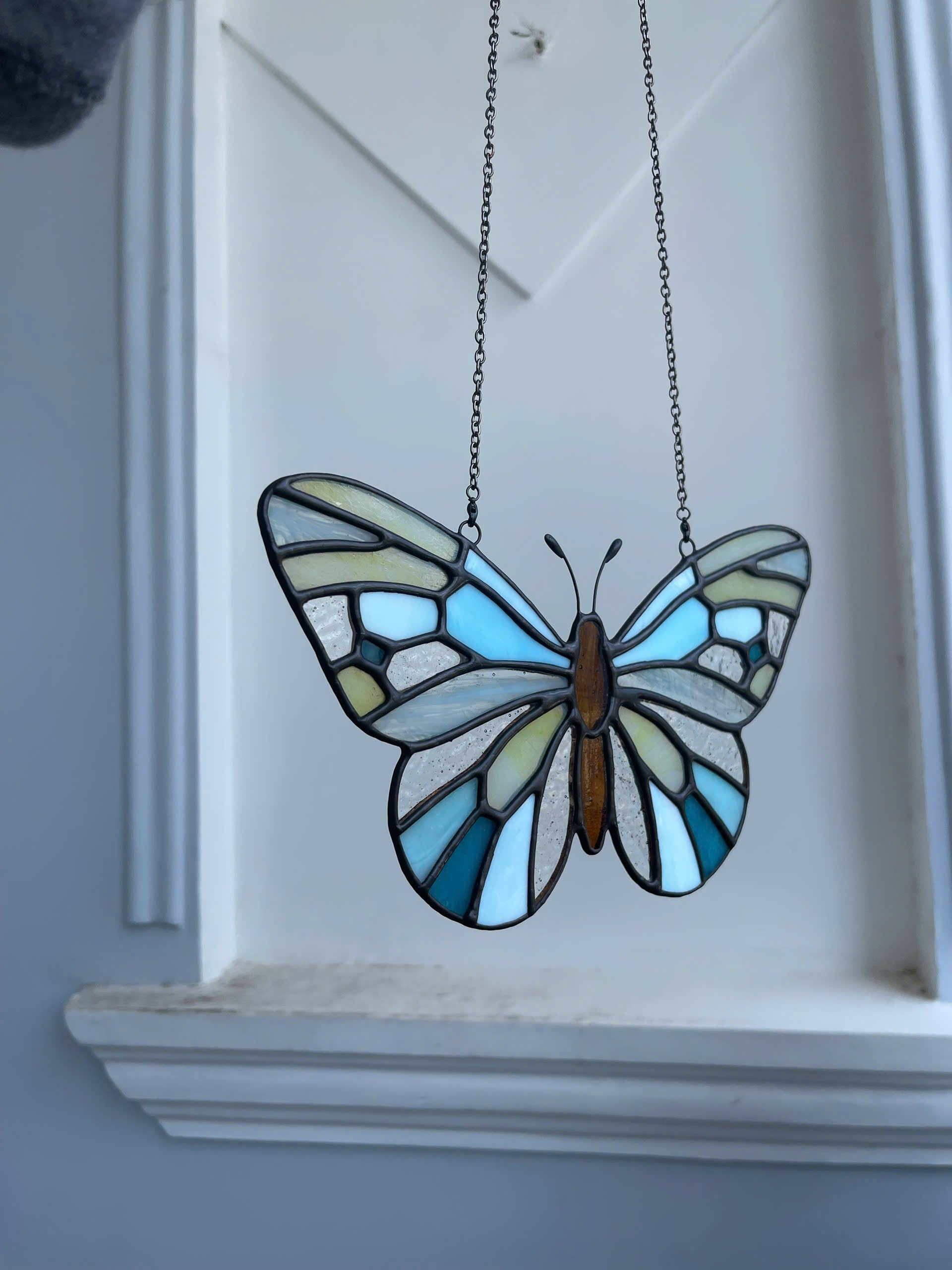Ethereal Blue Stained Glass Butterfly Suncatcher