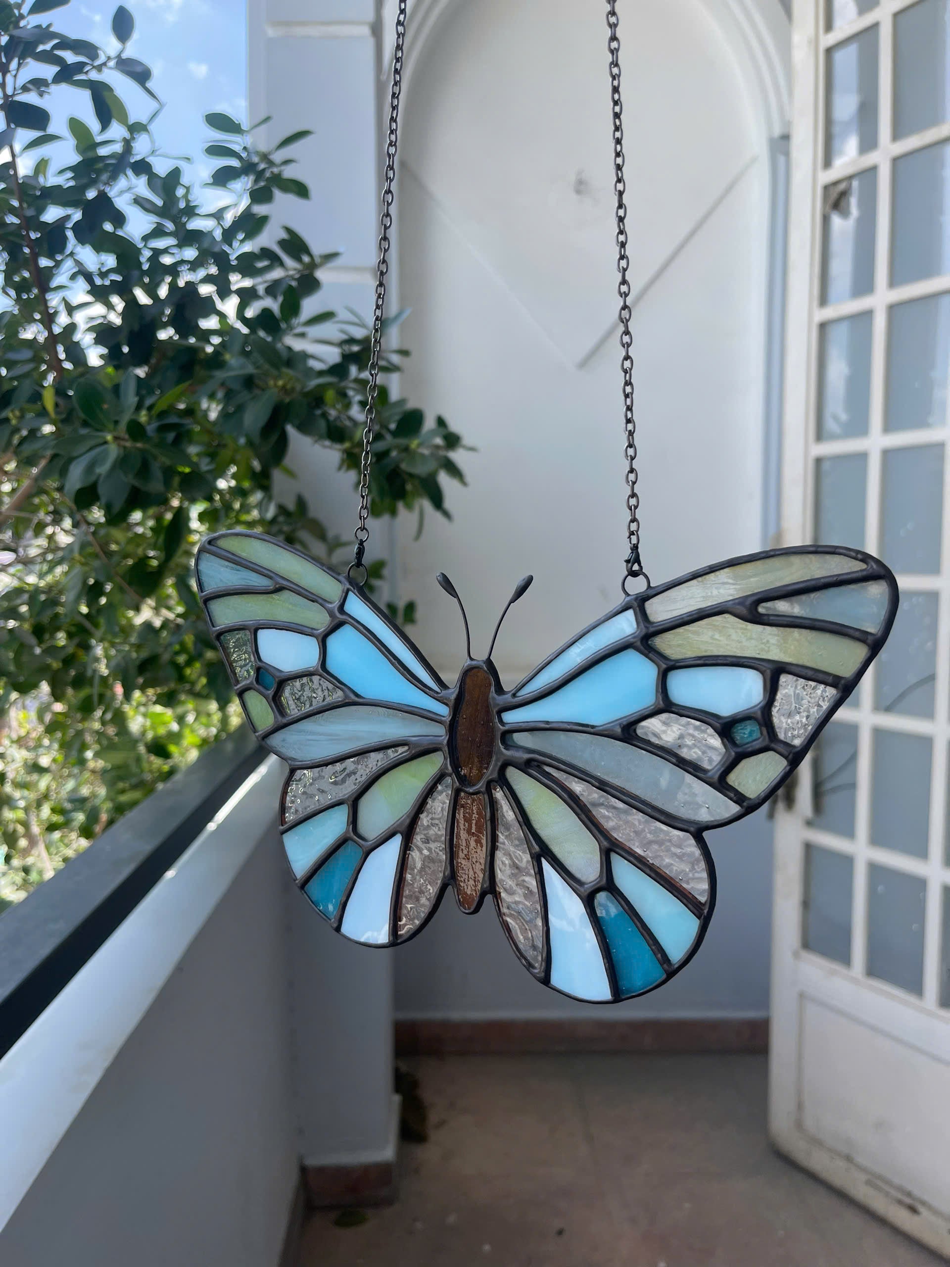 Ethereal Blue Stained Glass Butterfly Suncatcher