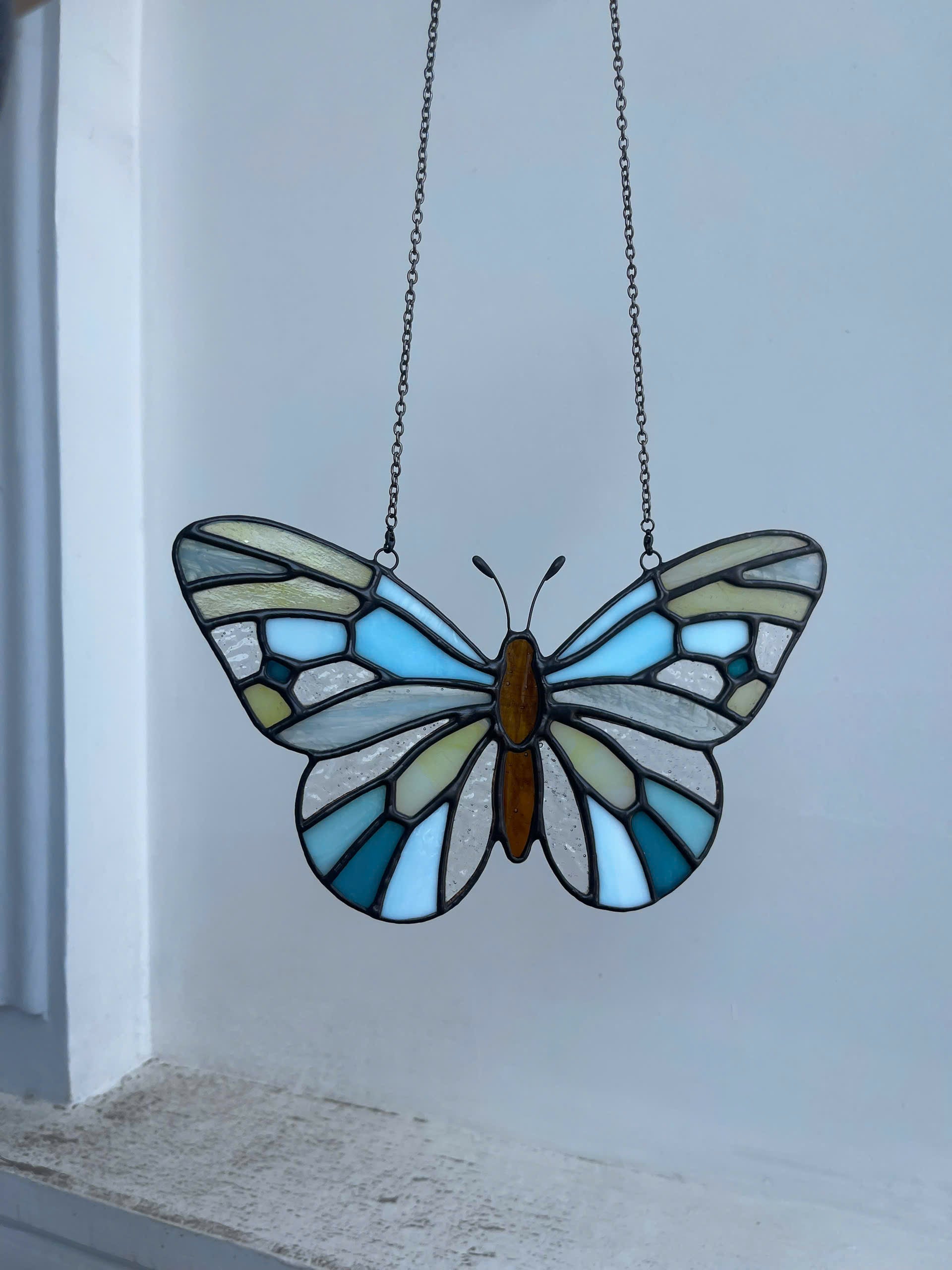 Ethereal Blue Stained Glass Butterfly Suncatcher