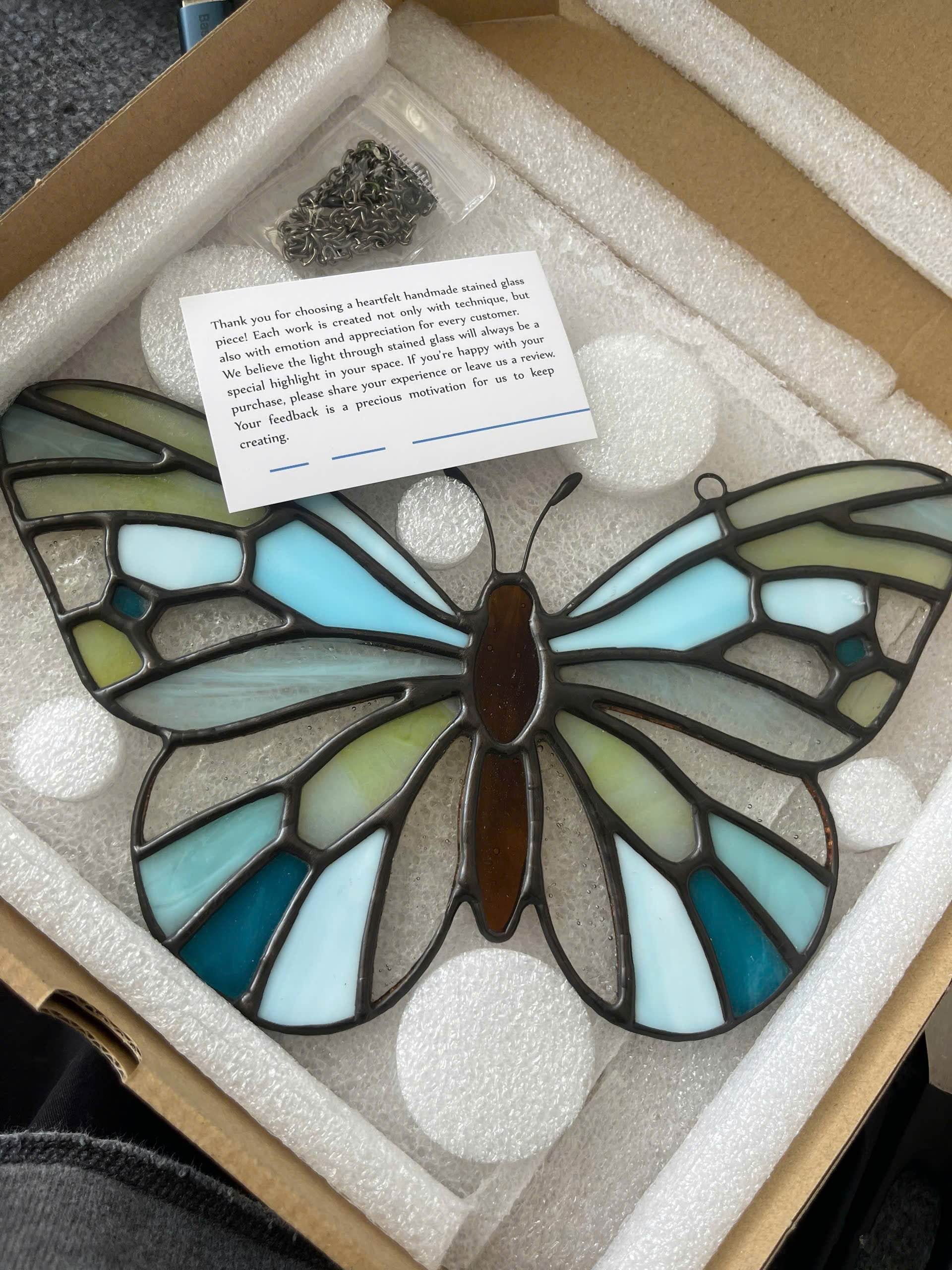 Ethereal Blue Stained Glass Butterfly Suncatcher
