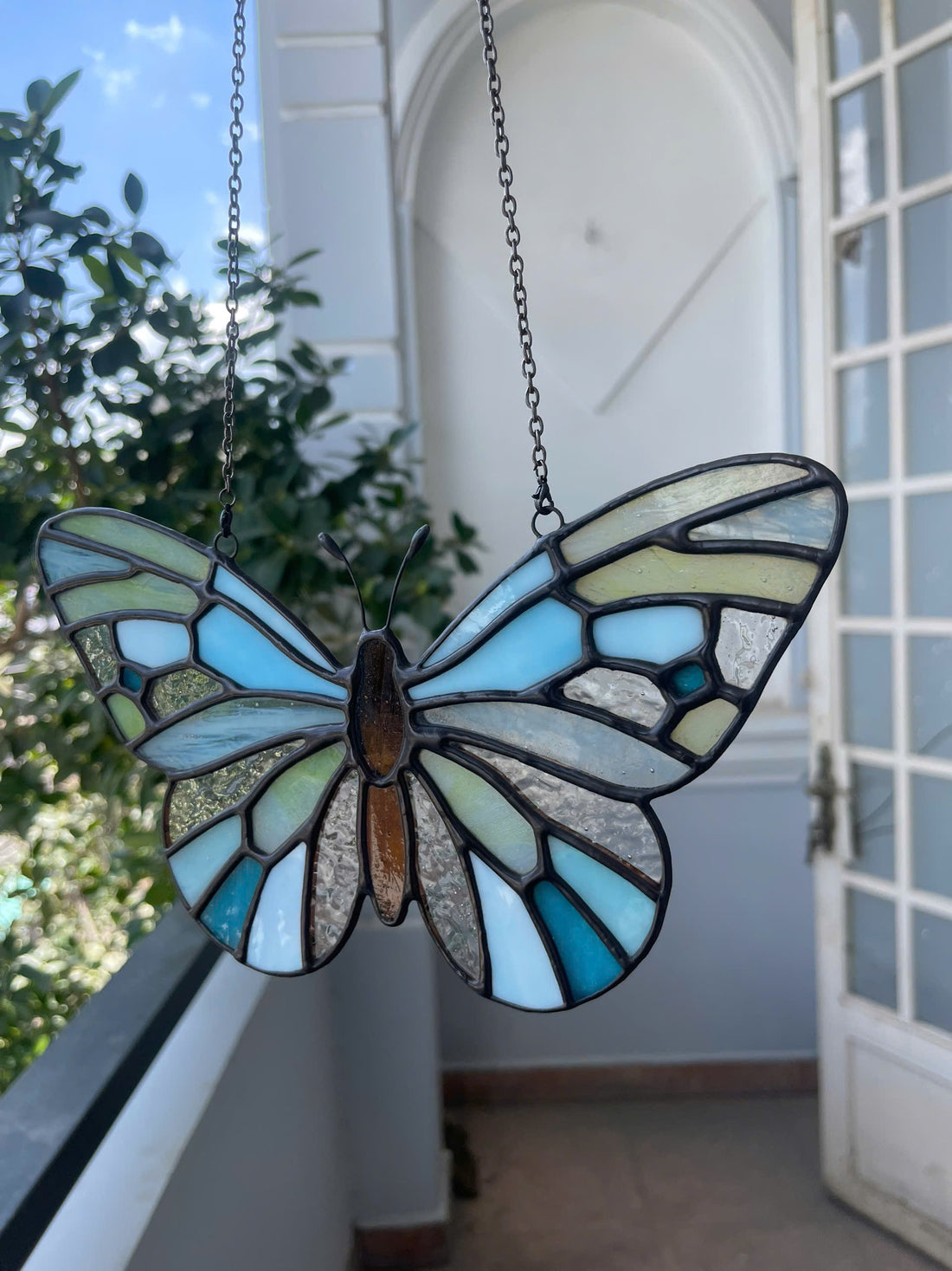 Ethereal Blue Stained Glass Butterfly Suncatcher