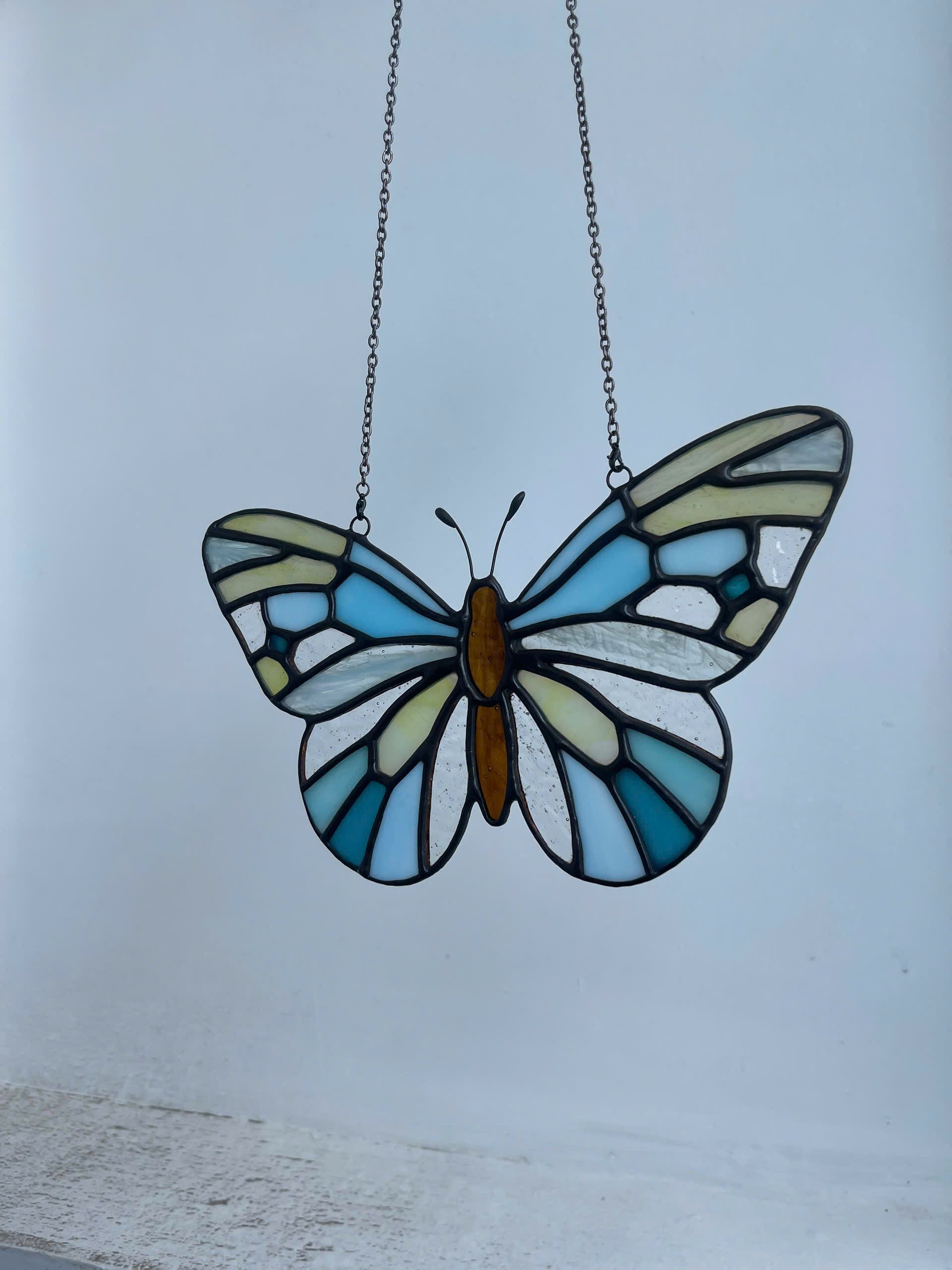Ethereal Blue Stained Glass Butterfly Suncatcher