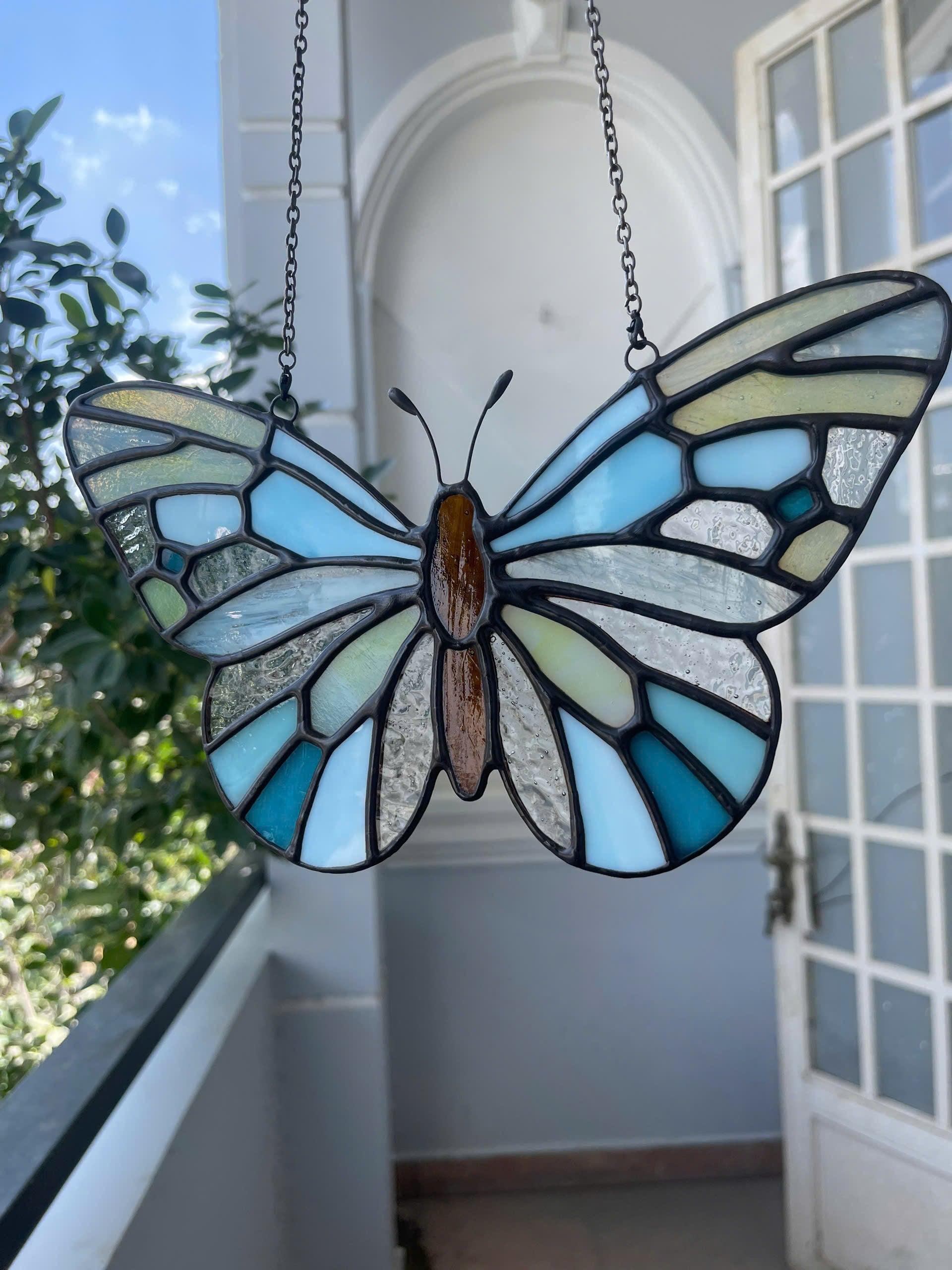 Ethereal Blue Stained Glass Butterfly Suncatcher