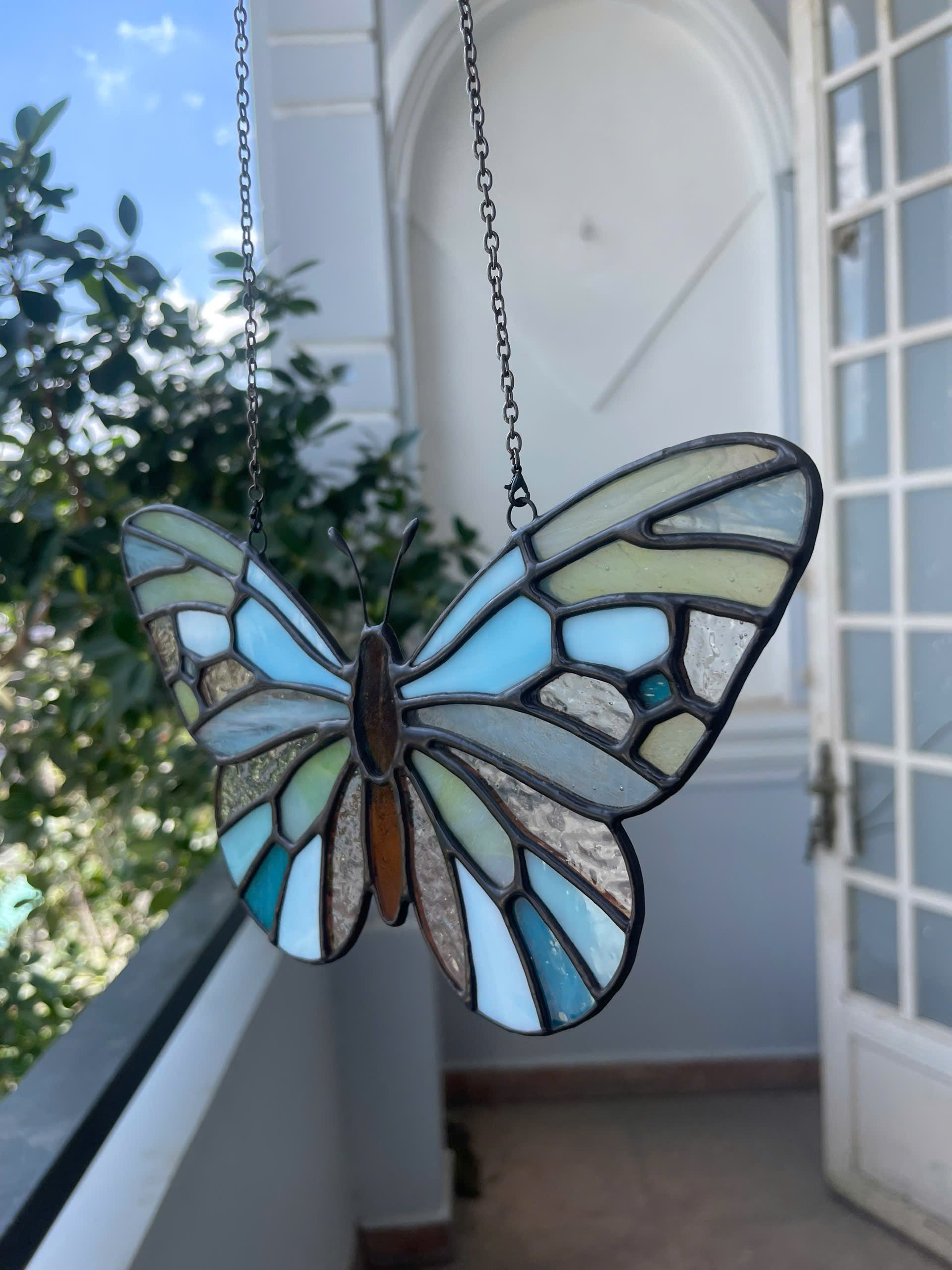 Ethereal Blue Stained Glass Butterfly Suncatcher