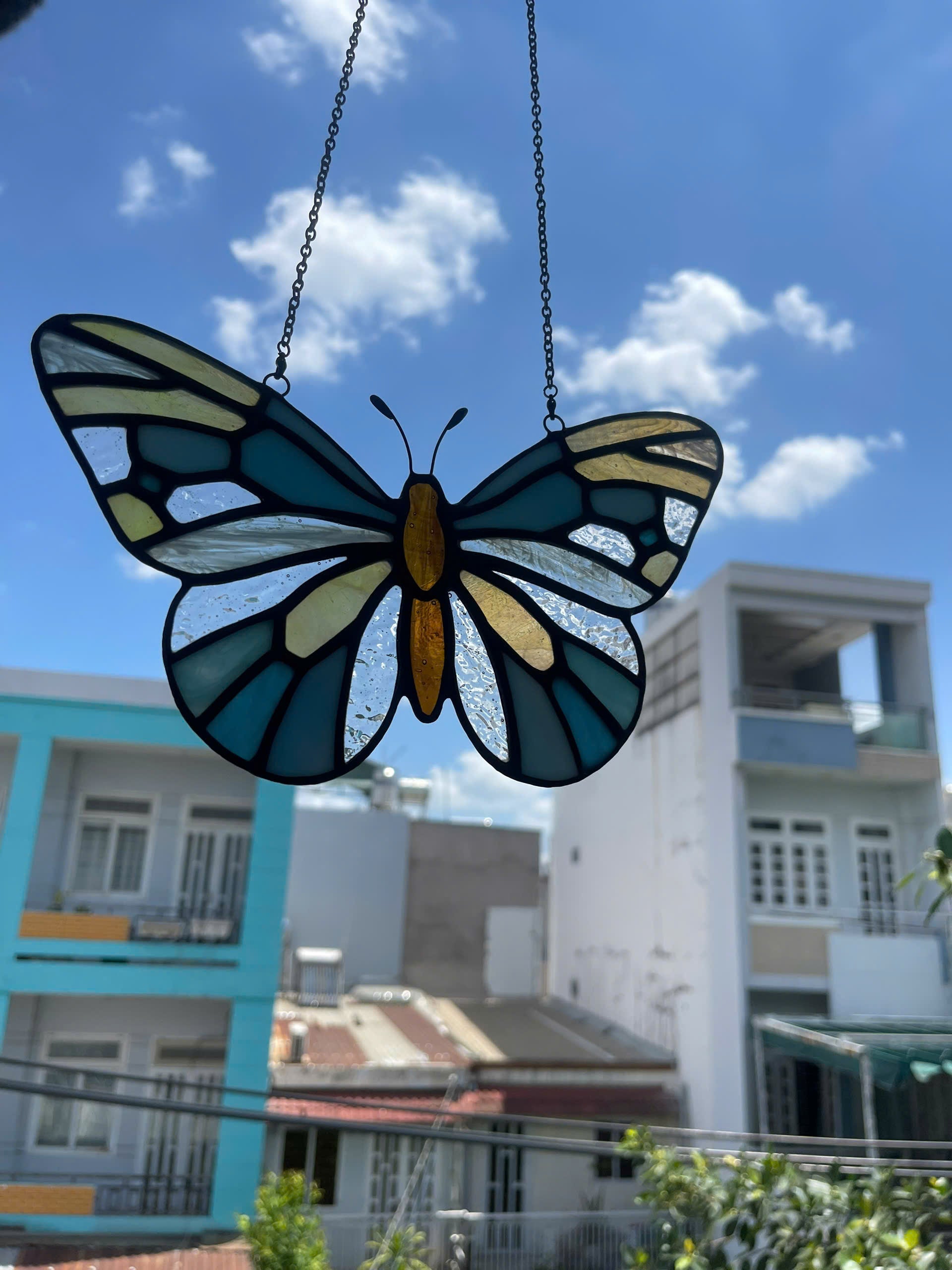 Ethereal Blue Stained Glass Butterfly Suncatcher